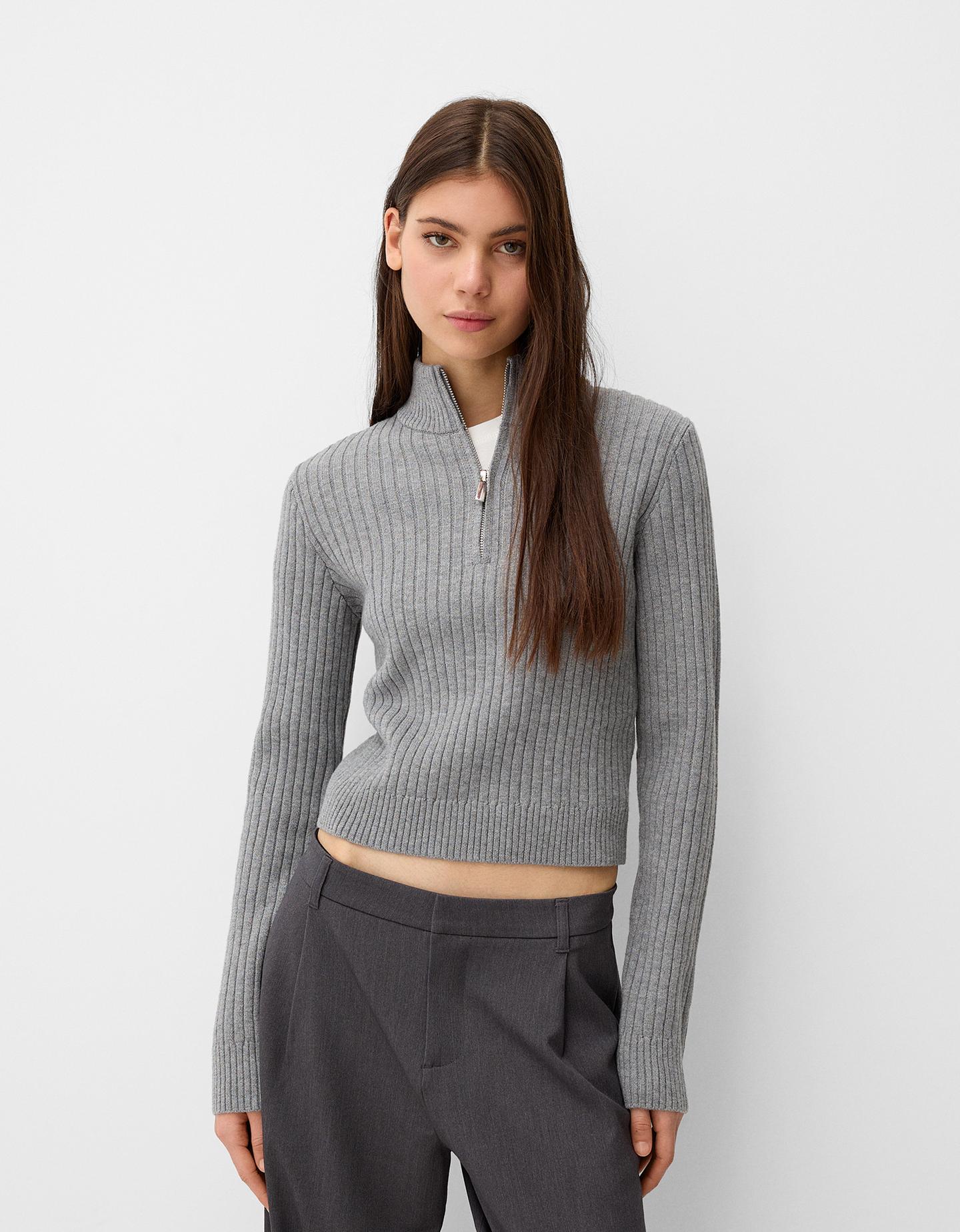 Bershka Pullover Mit Rippenmuster, Stehkragen Und Reißverschluss Damen M Du günstig online kaufen