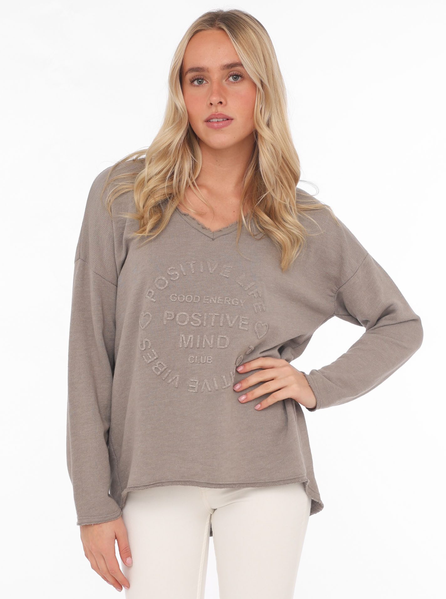Zwillingsherz Sweatshirt "Positive Mind" ausgefranster V-Ausschnitt, günstig online kaufen