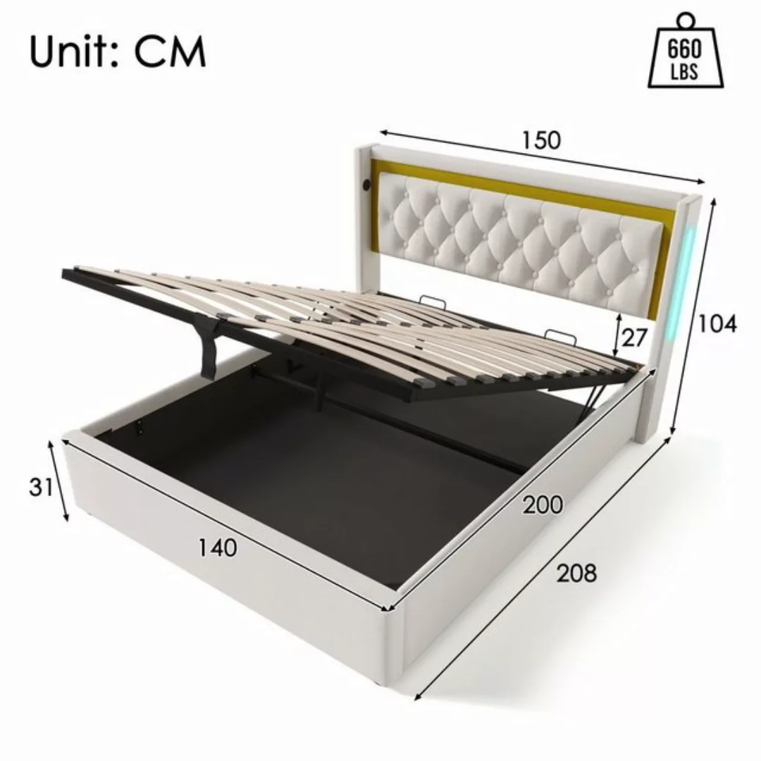 Ulife Polsterbett LED Doppelbett Stauraum Bettkasten mit USB Typ C Ladefunk günstig online kaufen