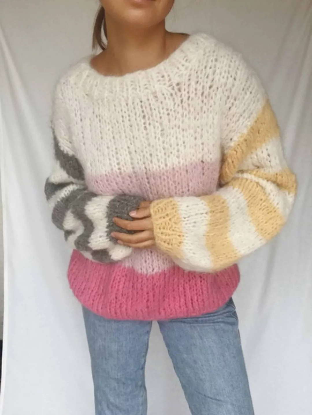 Alpaka Grobstrick Pullover Mit Streifen In Pink/rosa/weiß/gelb/grau günstig online kaufen