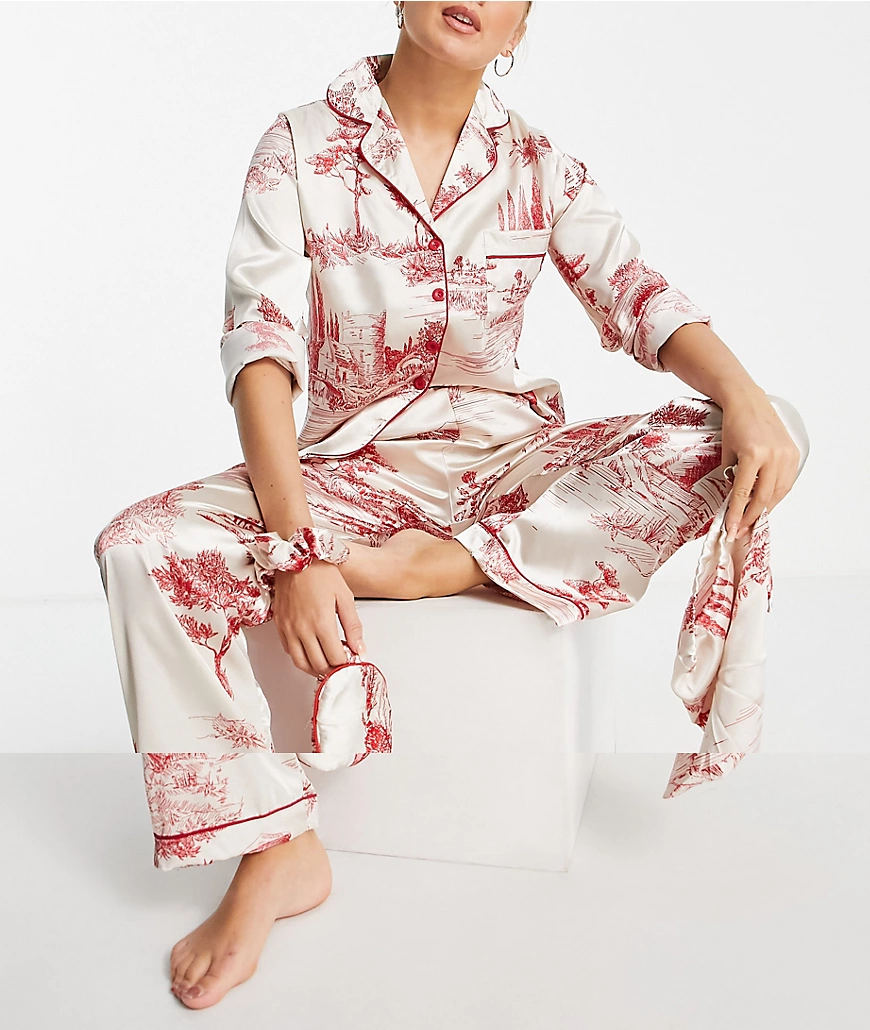 Night – 5-teiliges Pyjama-Geschenkset aus Satin mit rotem Etoile-Print-Weiß günstig online kaufen