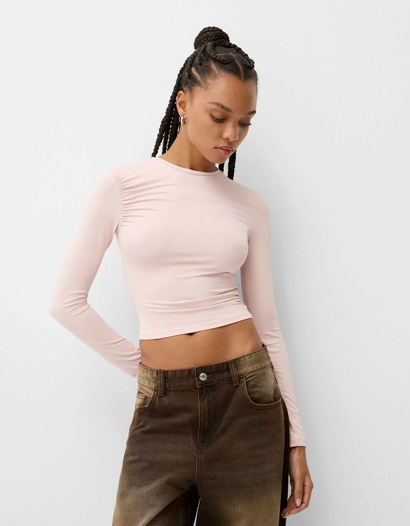 Bershka Langarmshirt Aus Polyamid Mit Langen Ärmeln Und Raffungen Damen Xs günstig online kaufen