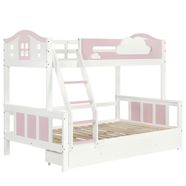 Gotagee Etagenbett Doppelbett Holzbett Weiß Rosa Schrägleiter und Schublade günstig online kaufen