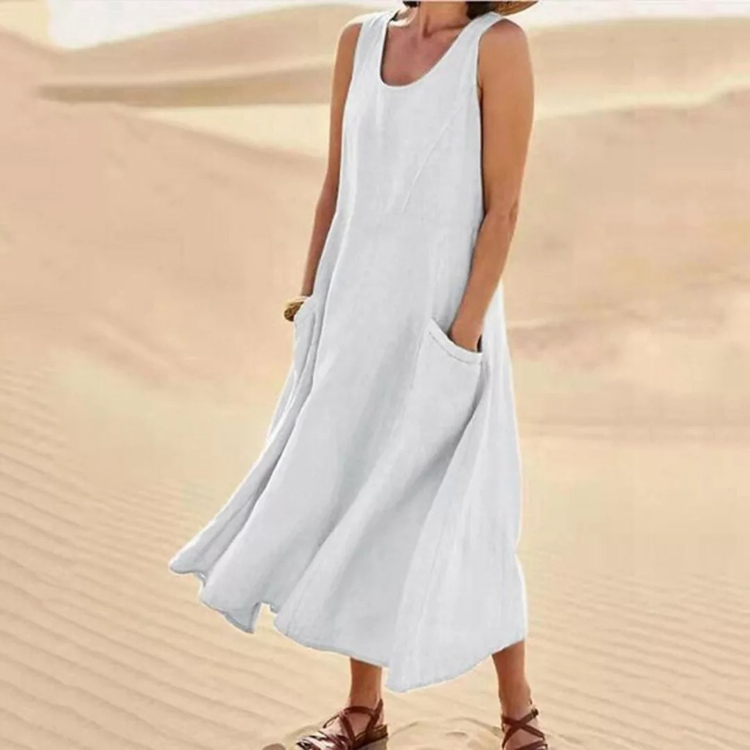 KIKI Strandkleid Ärmelloses Kleid aus Baumwolle und Leinen mit Rundhalsauss günstig online kaufen