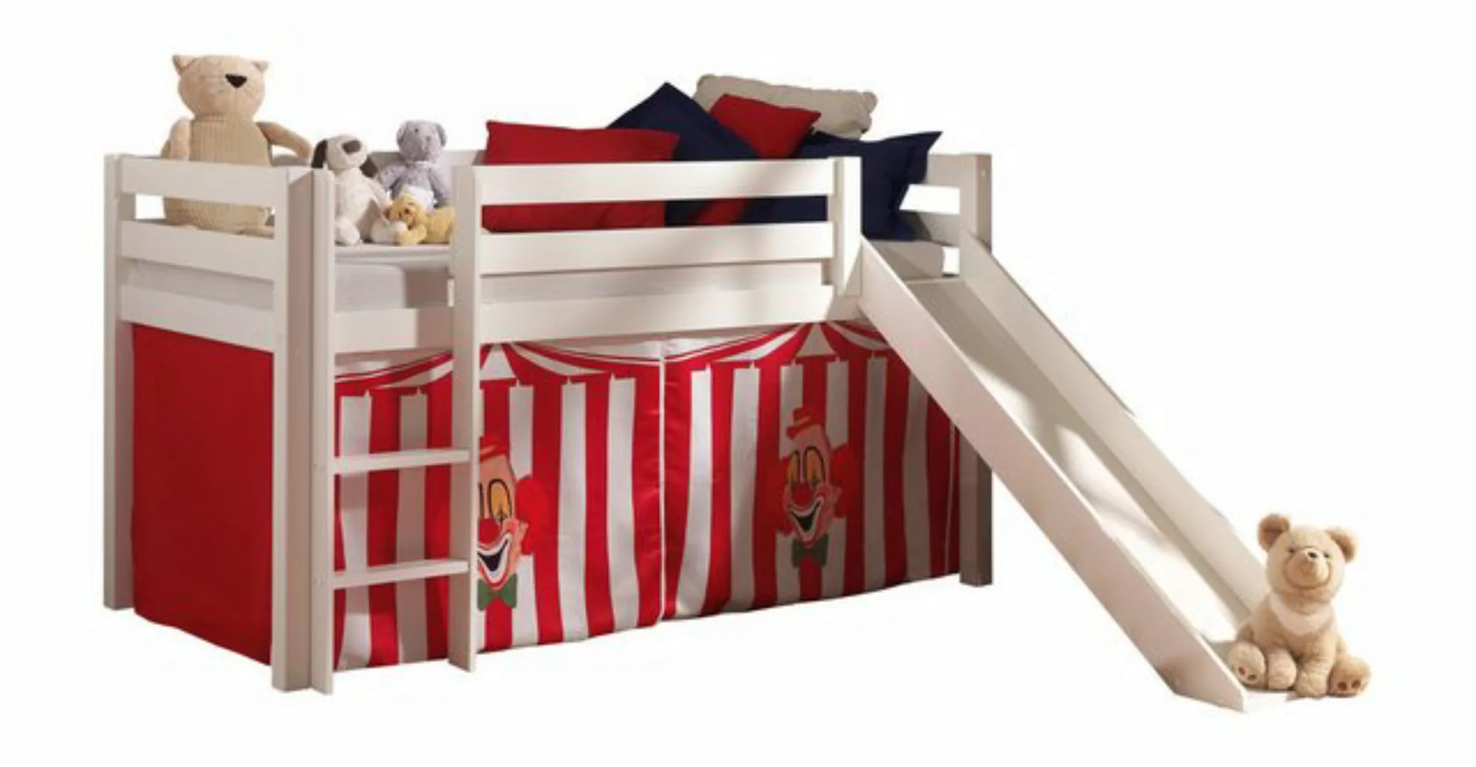 Hochbett Kinderzimmer mit Textils Set Zirkus PINOO-12 in Kiefer massiv weiß günstig online kaufen