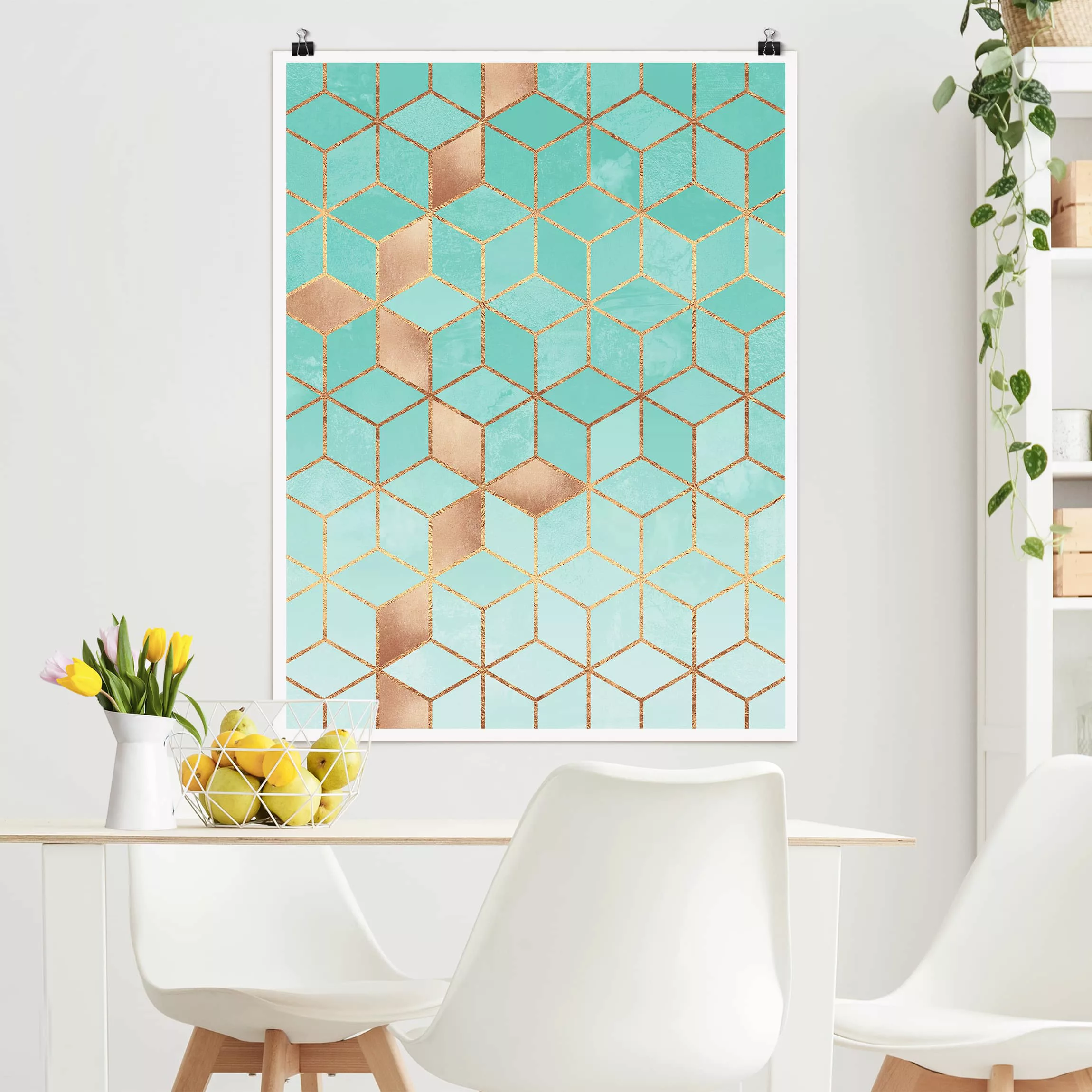 Poster Kunstdruck - Hochformat Türkis Weiß goldene Geometrie günstig online kaufen