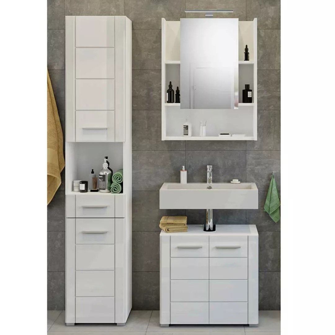 Badmöbel Set mit Spiegelschrank in Weiß Hochglanz (dreiteilig) günstig online kaufen