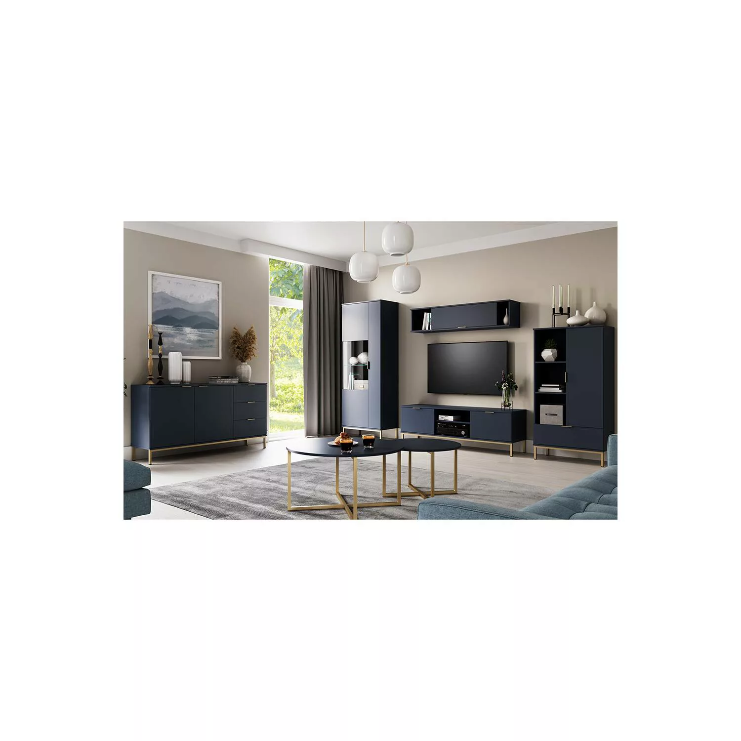 Wohnzimmer Möbel Komplett Set inkl. LED Glasbodenbeleuchtung in Marineblau günstig online kaufen