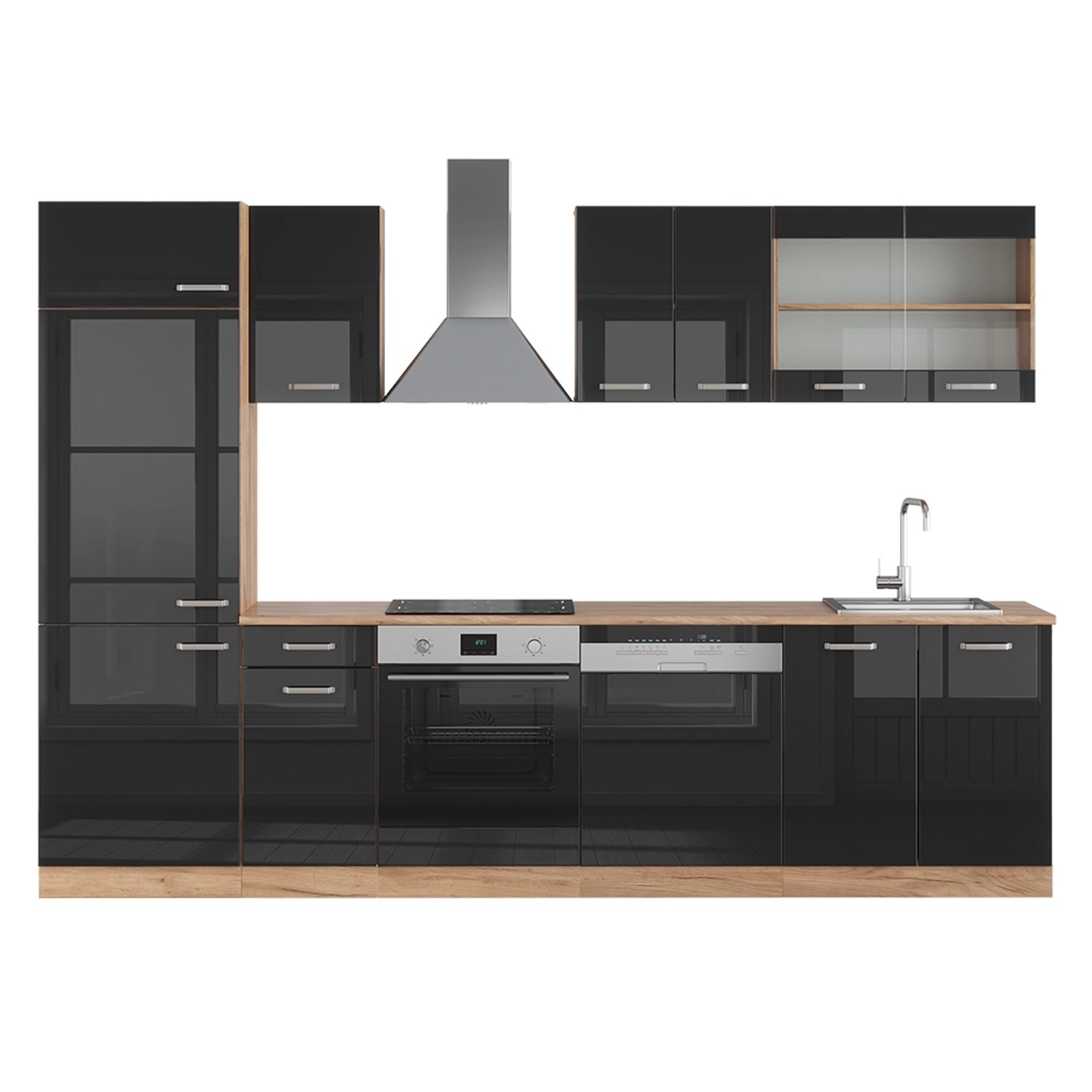 Vicco Küchenzeile R-Line, Schwarz Hochglanz/Goldkraft Eiche, günstig online kaufen