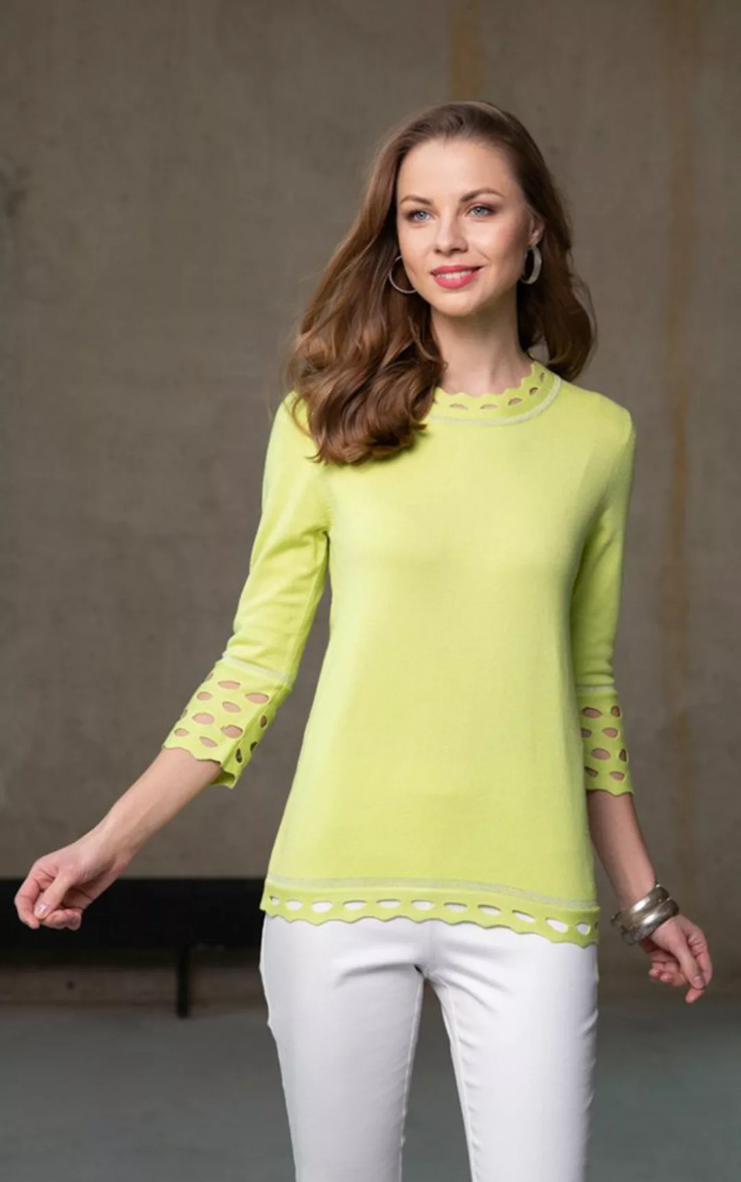 Passioni 3/4 Arm-Pullover Sommerpullover in Lime mit ausgestellten Cut Outs günstig online kaufen