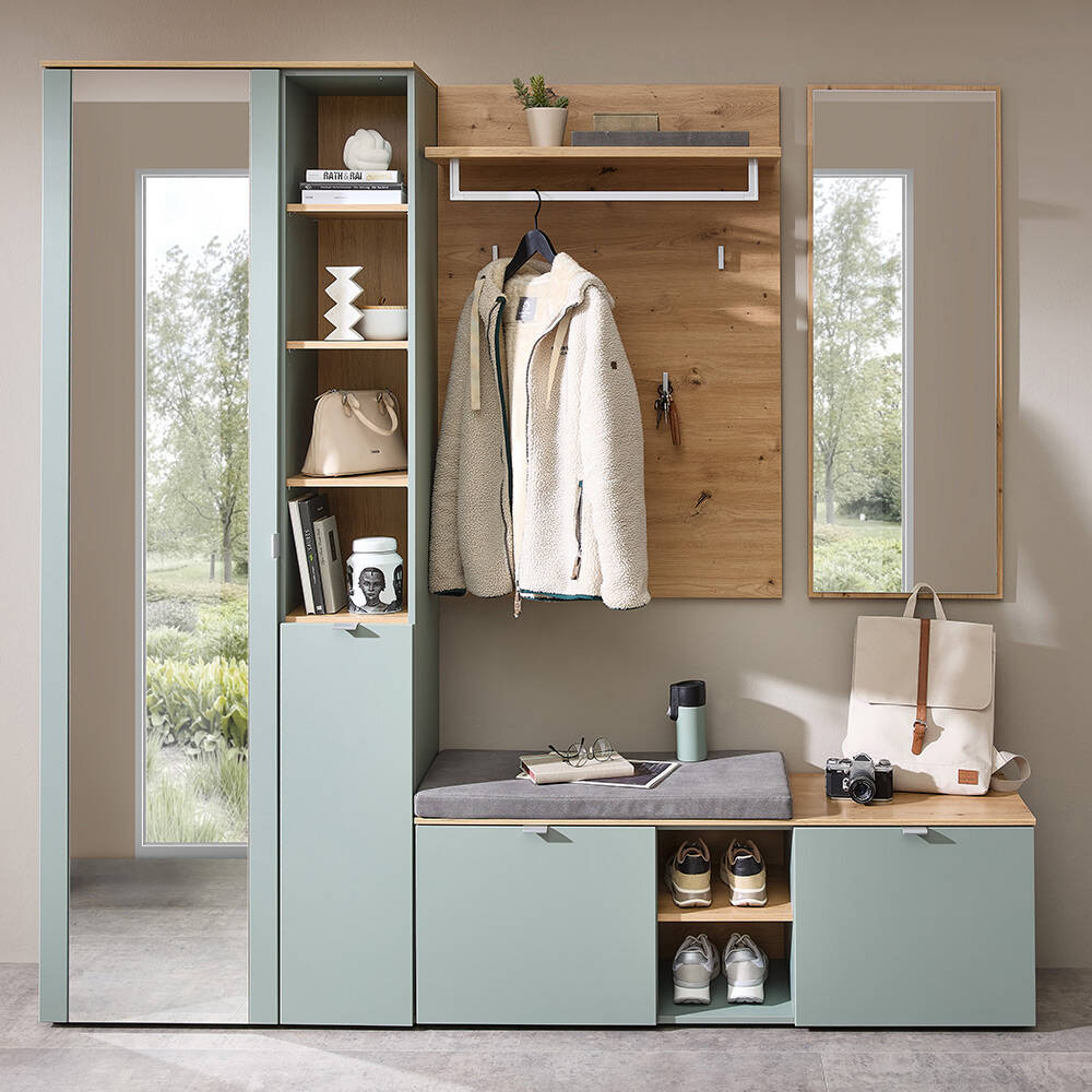 Garderoben Set mit Garderobenschrank grün matt mit Eiche BLISS-36, 4-teilig günstig online kaufen