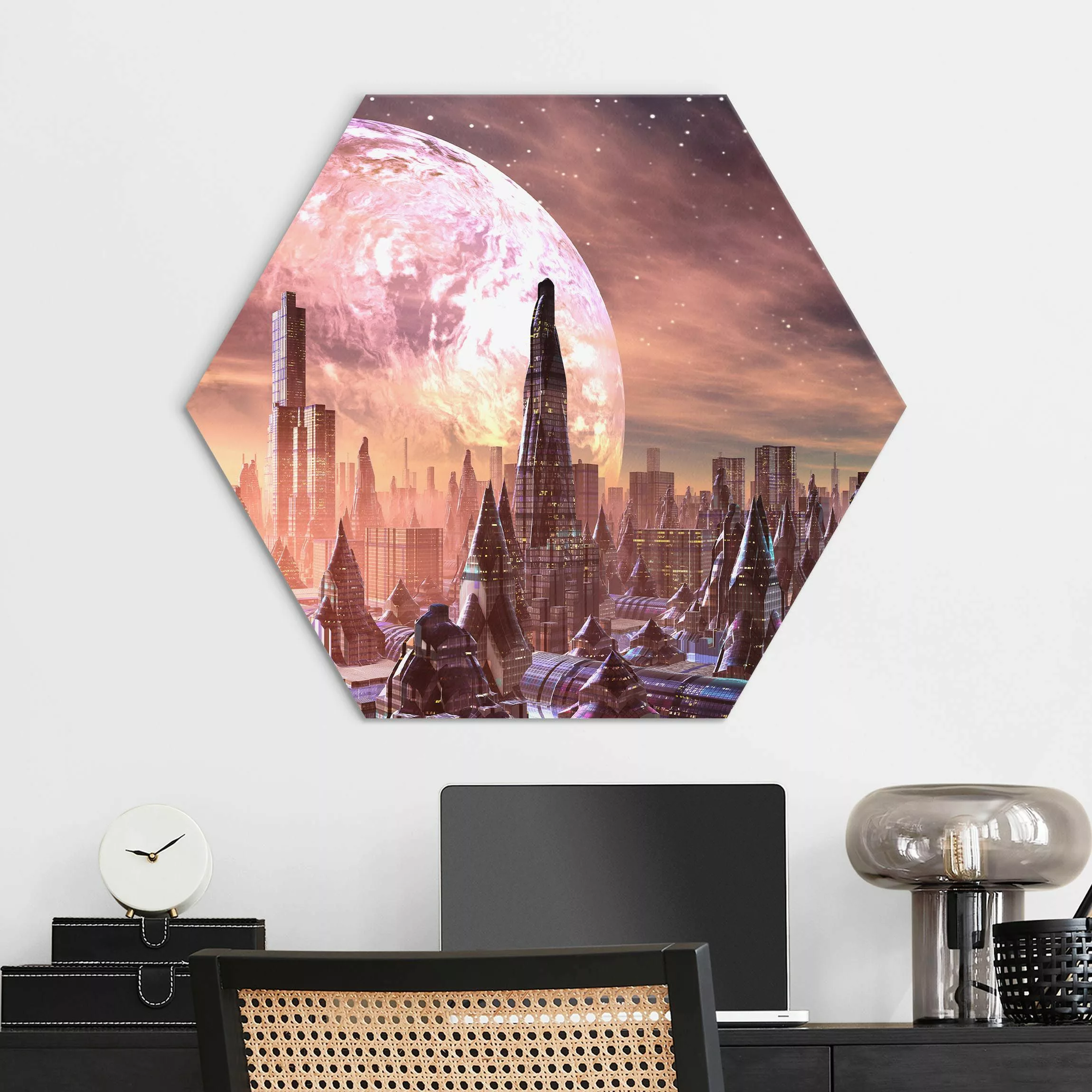 Hexagon-Alu-Dibond Bild Sci-Fi Stadt mit Planeten günstig online kaufen