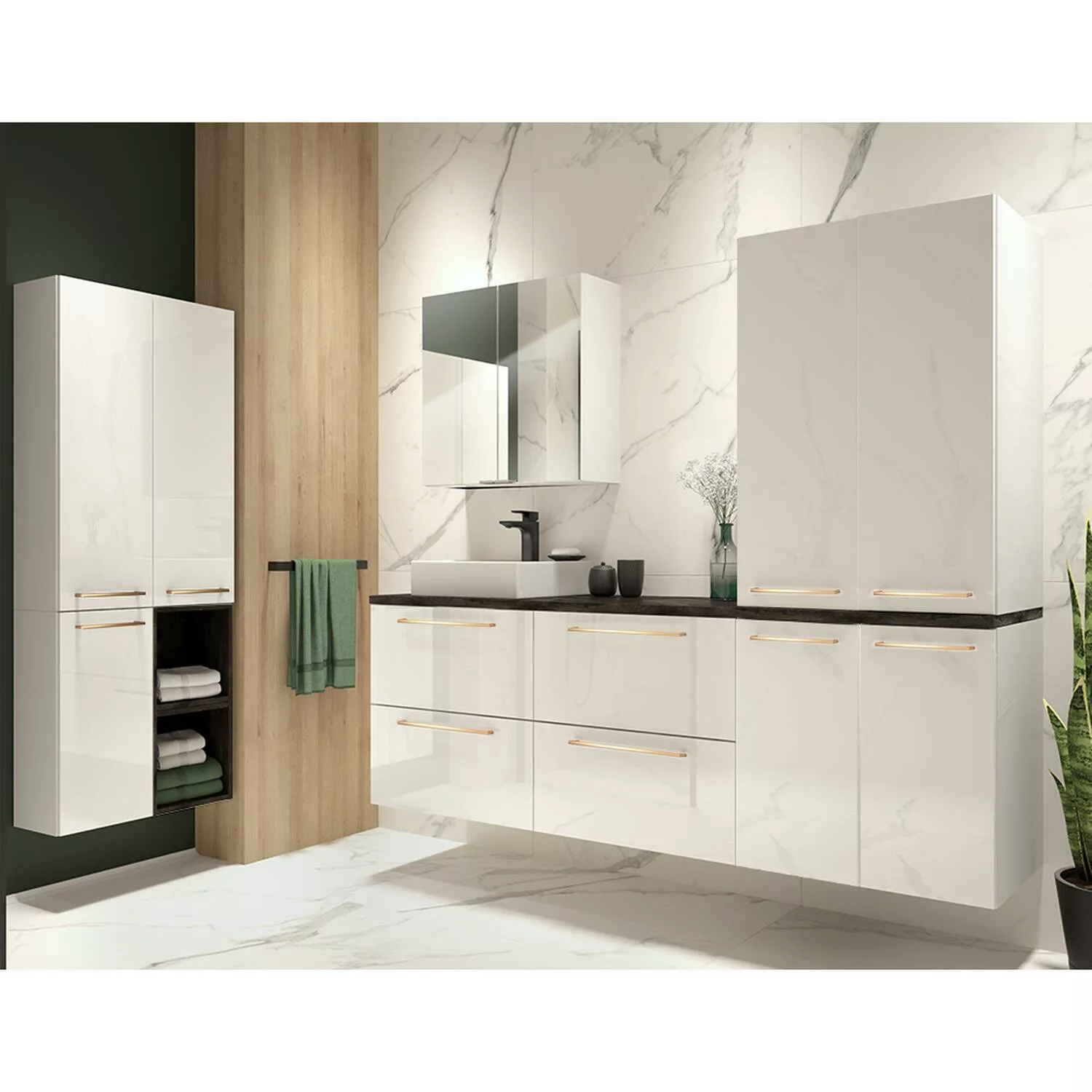 Lomadox Badezimmer Möbel Set in weiß Hochglanz mit Beton Dunkel und Metallg günstig online kaufen