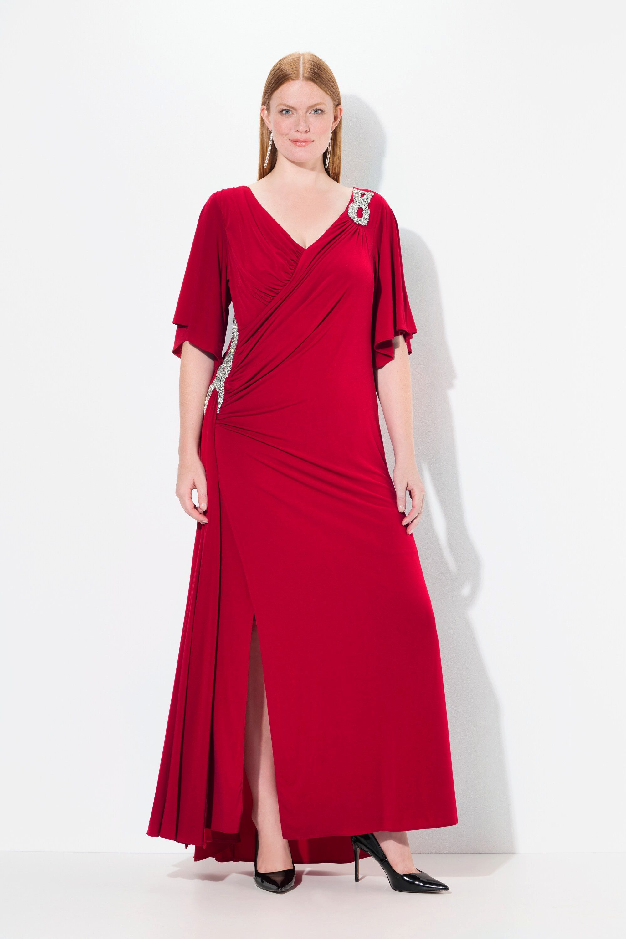 Ulla Popken Cocktailkleid Maxikleid Drapierung V-Ausschnitt günstig online kaufen