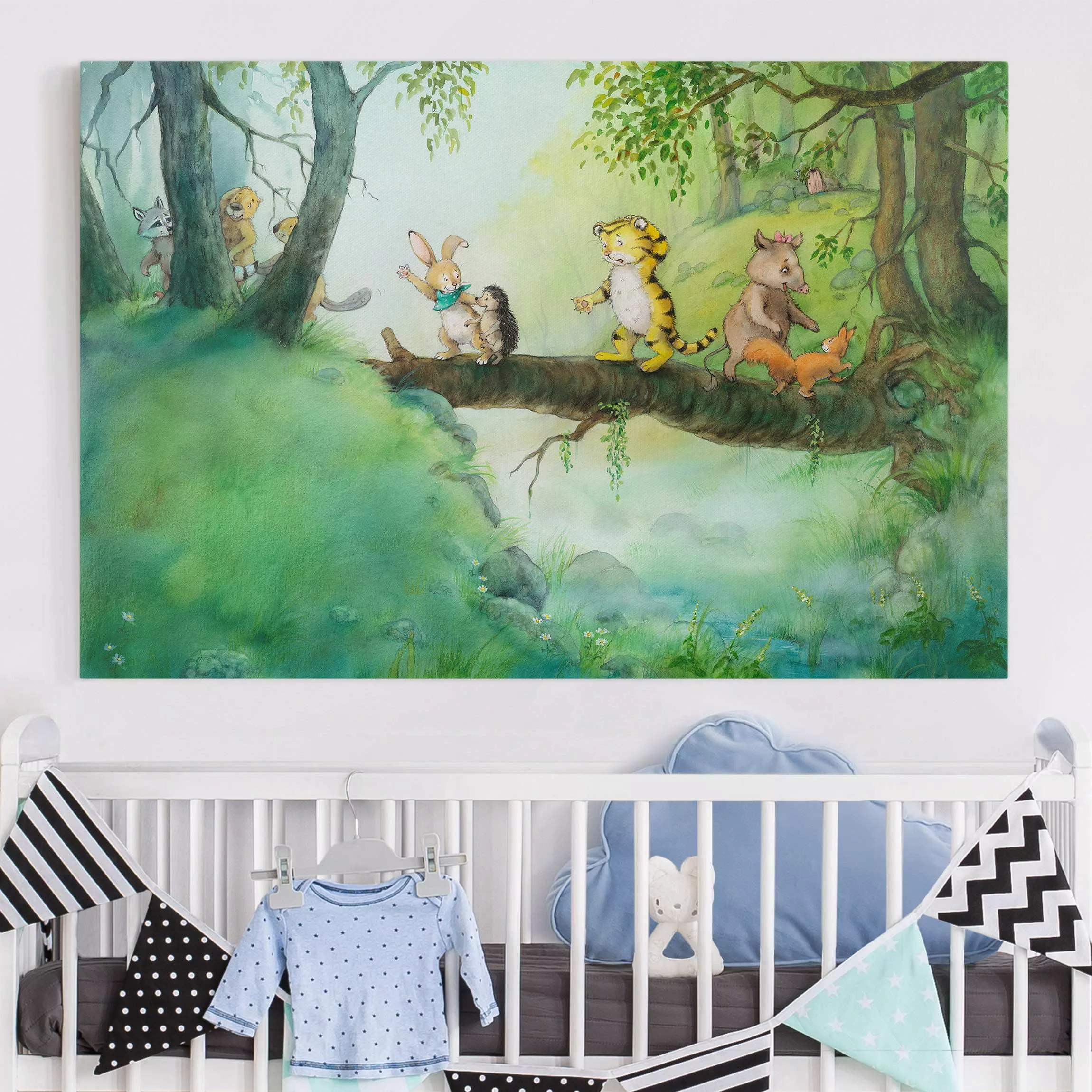 Leinwandbild Kinderzimmer - Querformat Kleiner Tiger - Baumbrücke günstig online kaufen