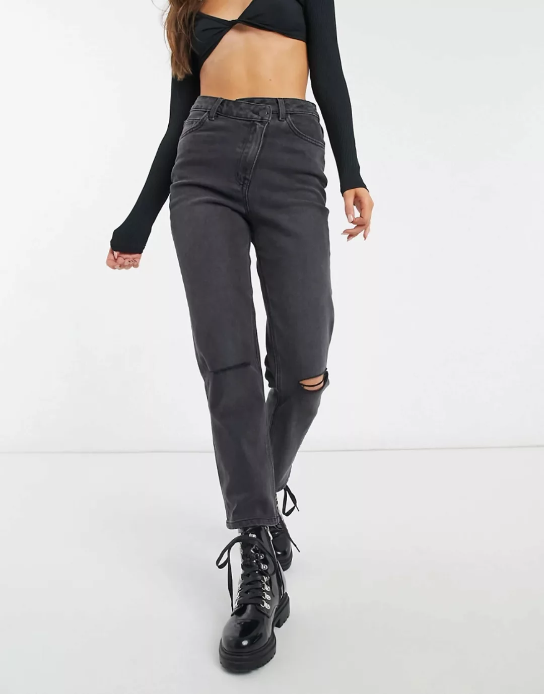 Object – Jeans mit abgestuftem Taillenbund und Zierrissen in Schwarz günstig online kaufen