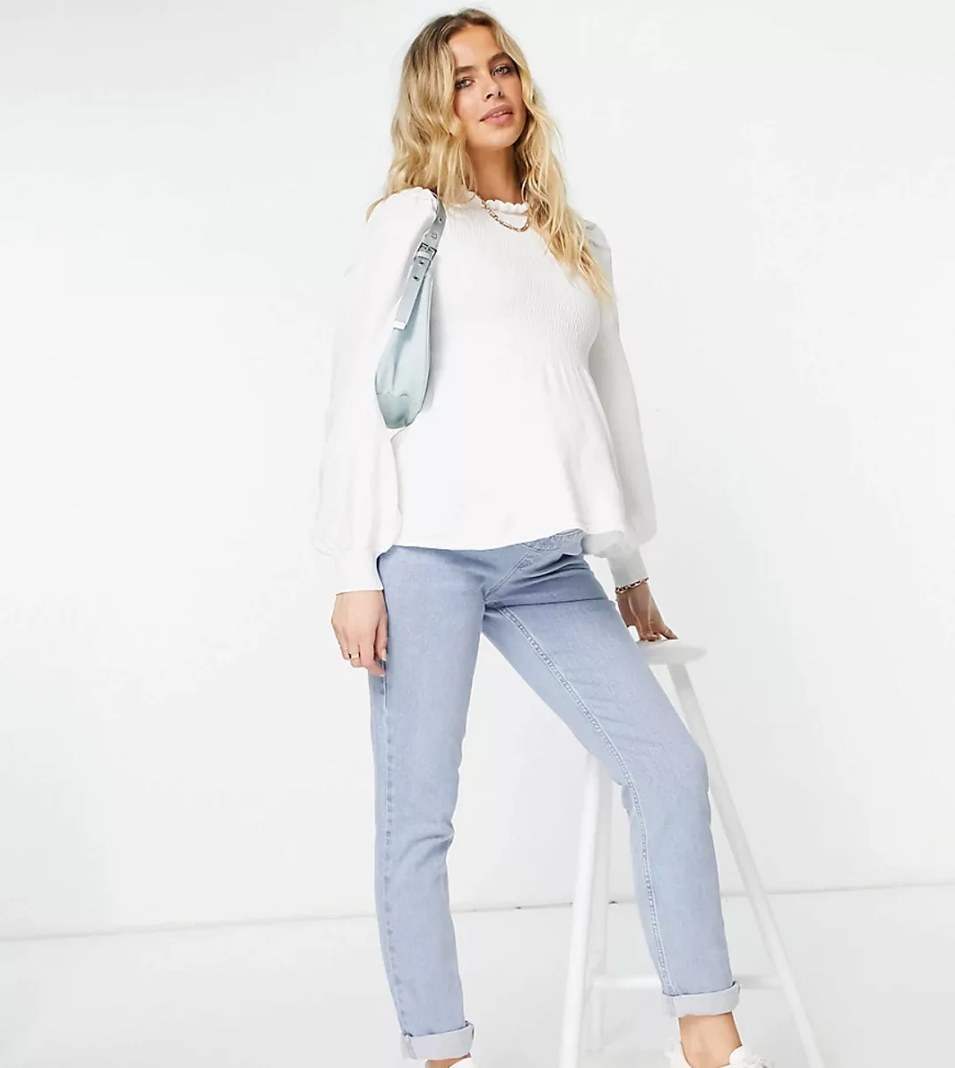 ASOS DESIGN Maternity – Pullover in Weiß mit Rüschenkragen und gerafftem Ba günstig online kaufen