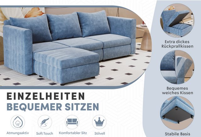 GUNJI Ecksofa Ecksofa mit Stauraum Armlehnen Verstellbarer Rückenlehnenwink günstig online kaufen