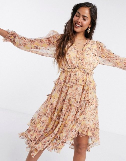 Y.A.S Tüllkleid beige Sommer Kleid Cocktailkleid, Blumenmuster, Rüschen, Gr günstig online kaufen