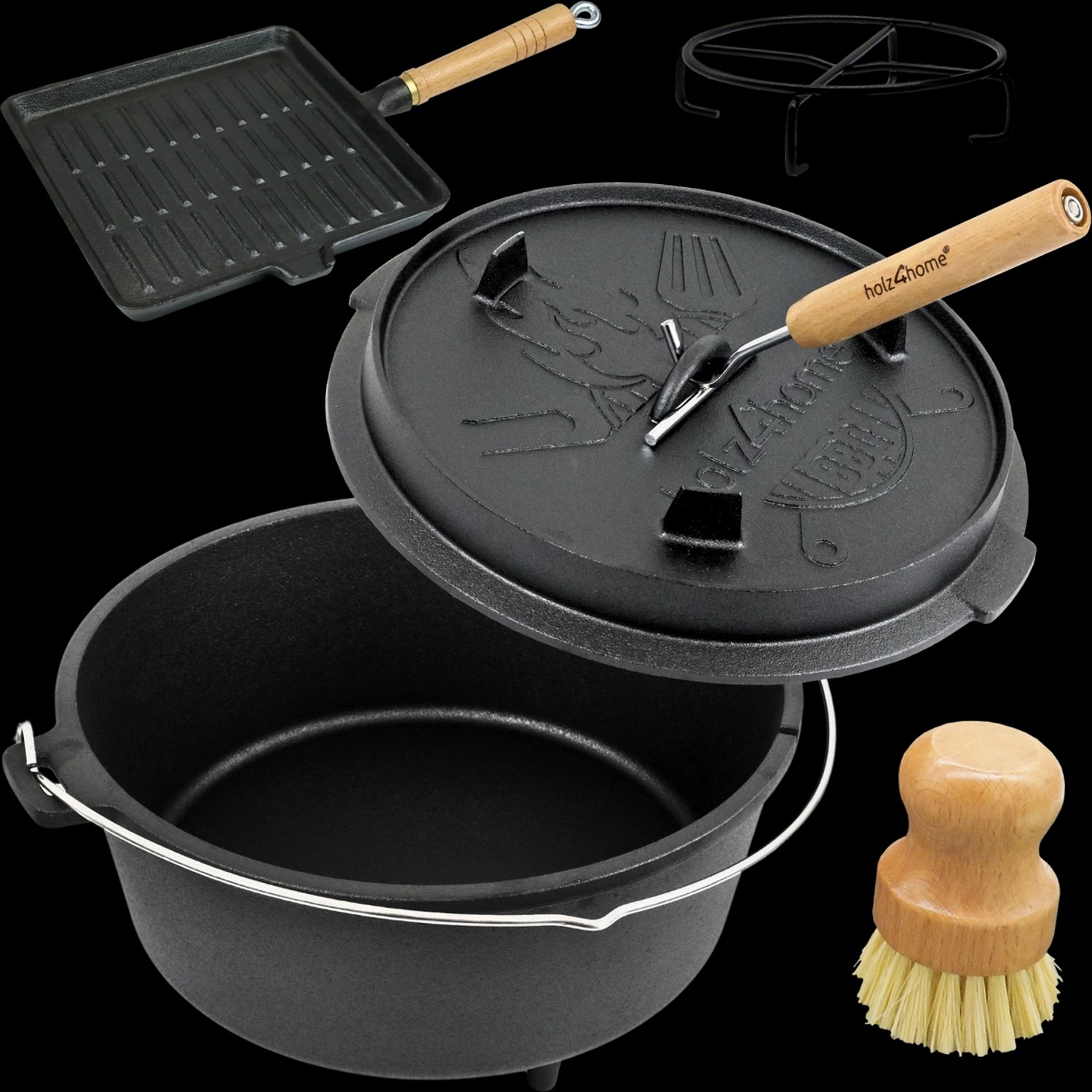 holz4home Dutch Oven Set 6teilig Eingebrannter Feuertopf 9L aus Gusseisen I günstig online kaufen