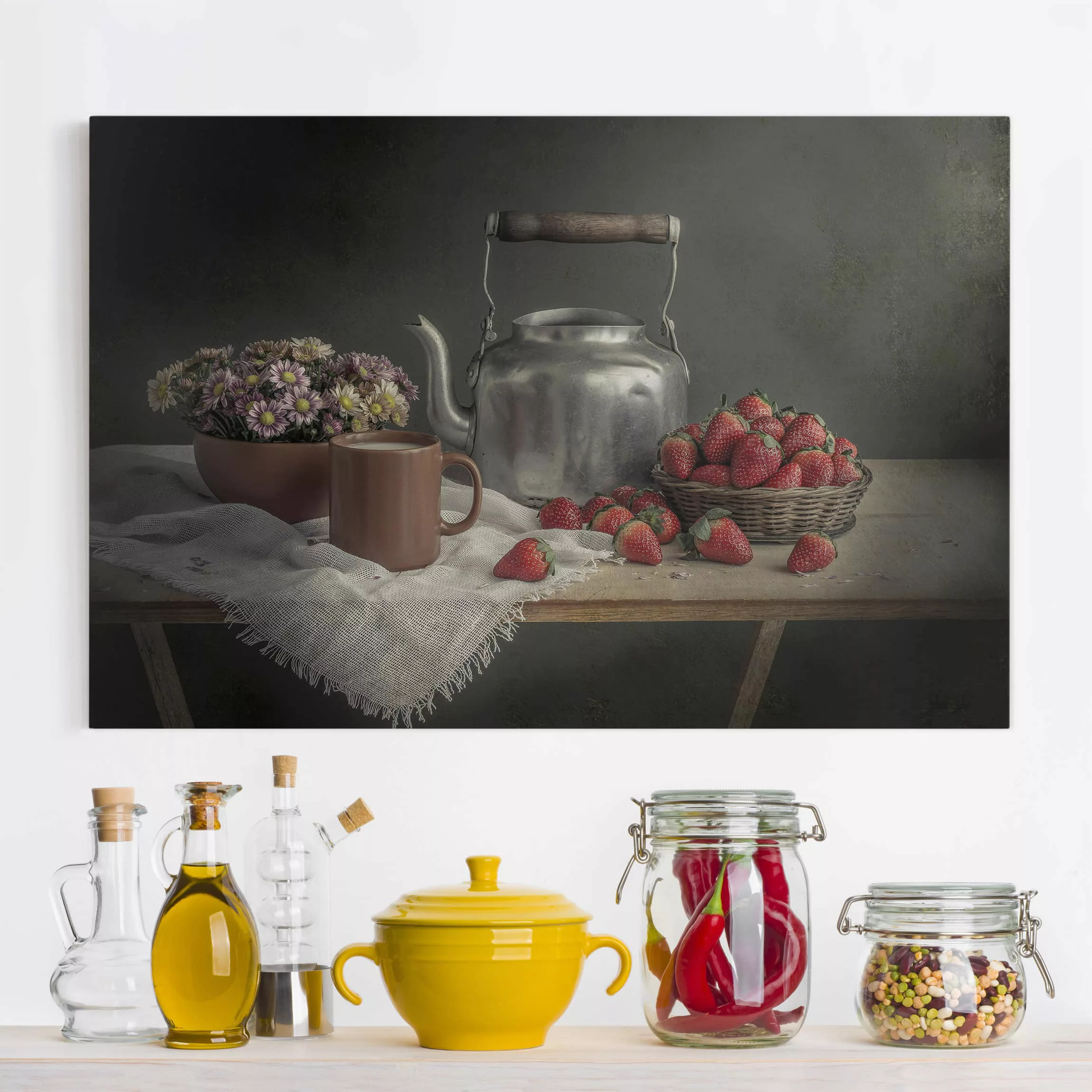 Leinwandbild Küche - Querformat Stillleben mit Erdbeeren günstig online kaufen