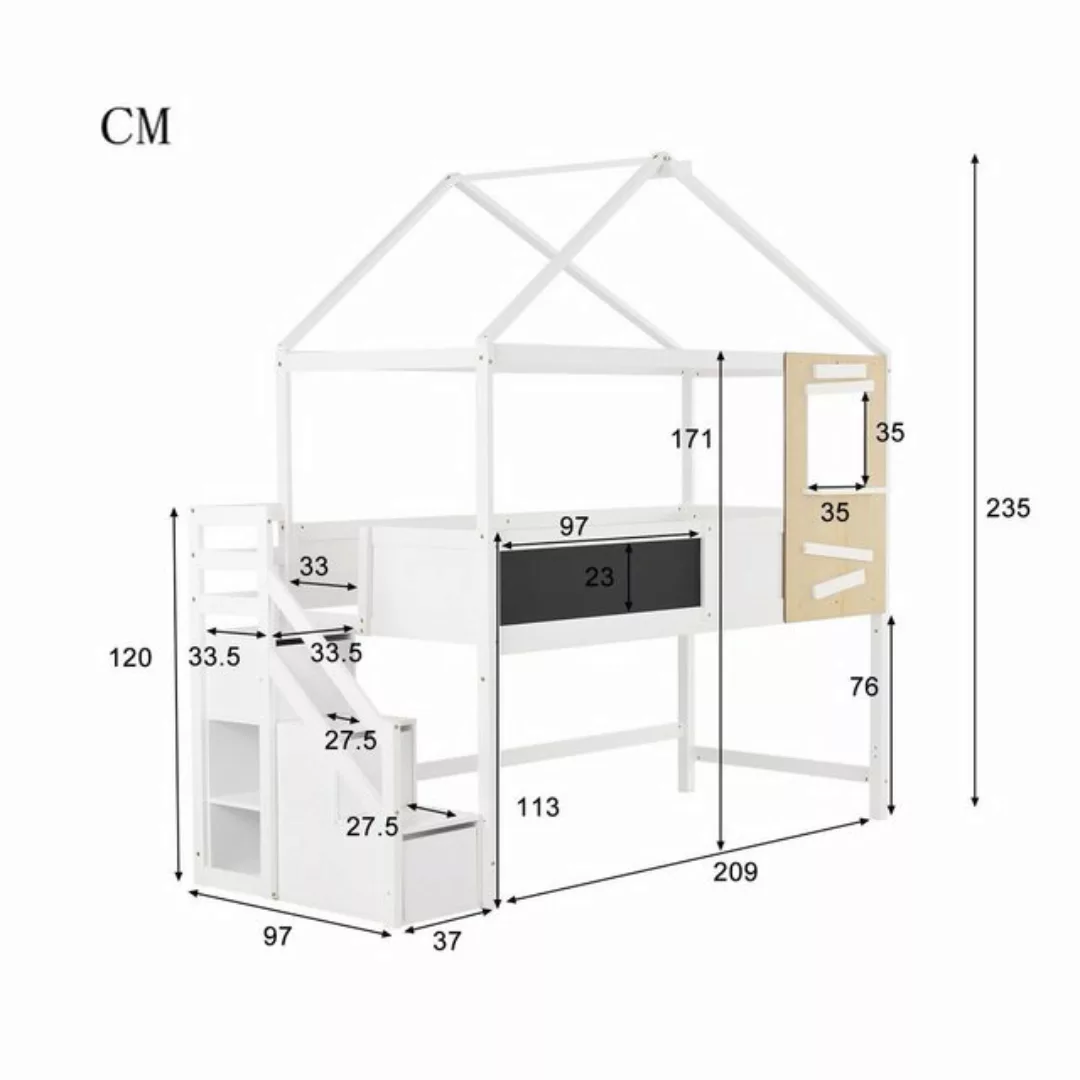 Celya Kinderbett Hausbett 90x200cm mit Treppe Schubladen, mit Treppe und Fe günstig online kaufen