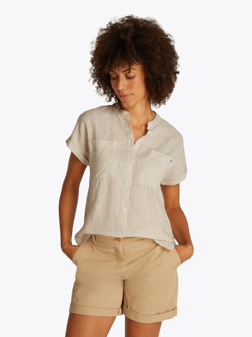 Tommy Hilfiger Kurzarmbluse "ESS LINEN COLLARLESS S/S BLOUSE", mit Logostic günstig online kaufen