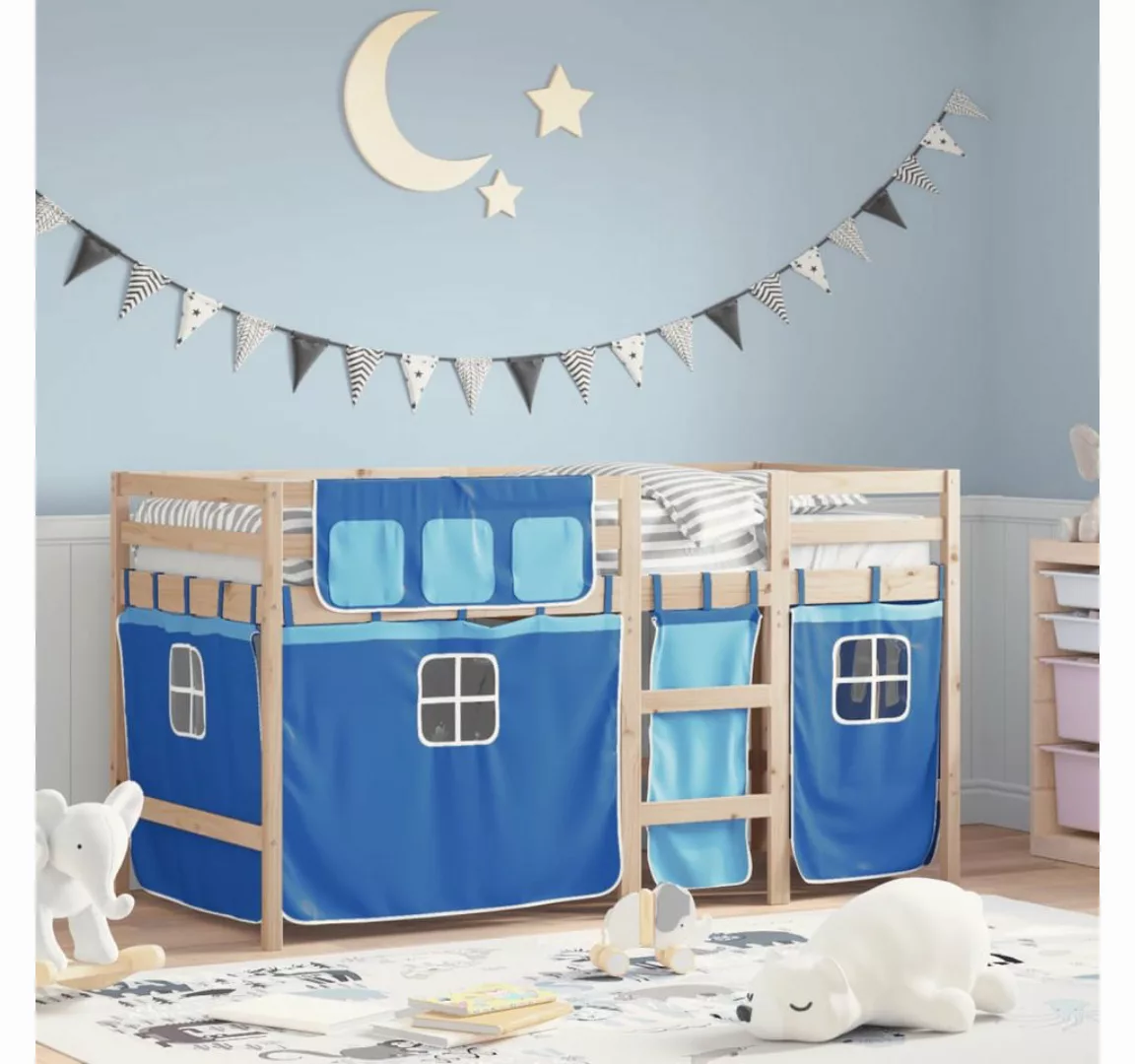 vidaXL Bett Kinderhochbett mit Vorhängen Blau 80x200 cm Massivholz Kiefer günstig online kaufen