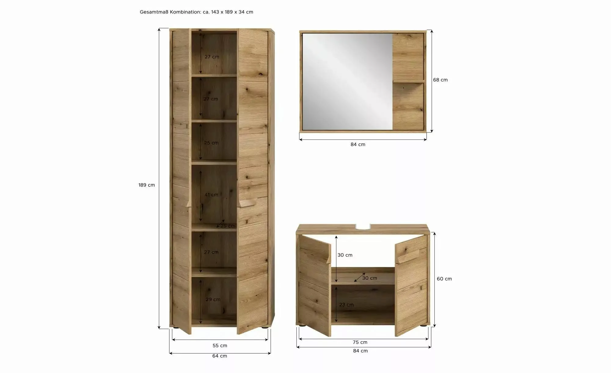 Badkombination ¦ holzfarben ¦ Maße (cm): B: 143 H: 189 Schränke > Badschrän günstig online kaufen