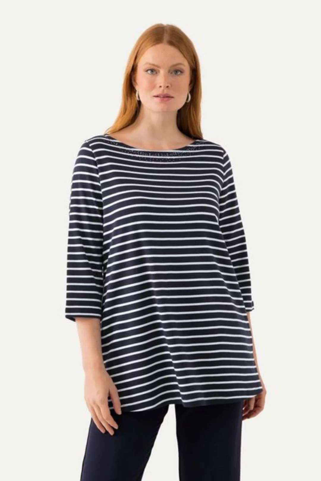 Ulla Popken Rundhalsshirt Ringelshirt Pima Cotton U-Boot-Ausschnitt 3/4-Arm günstig online kaufen