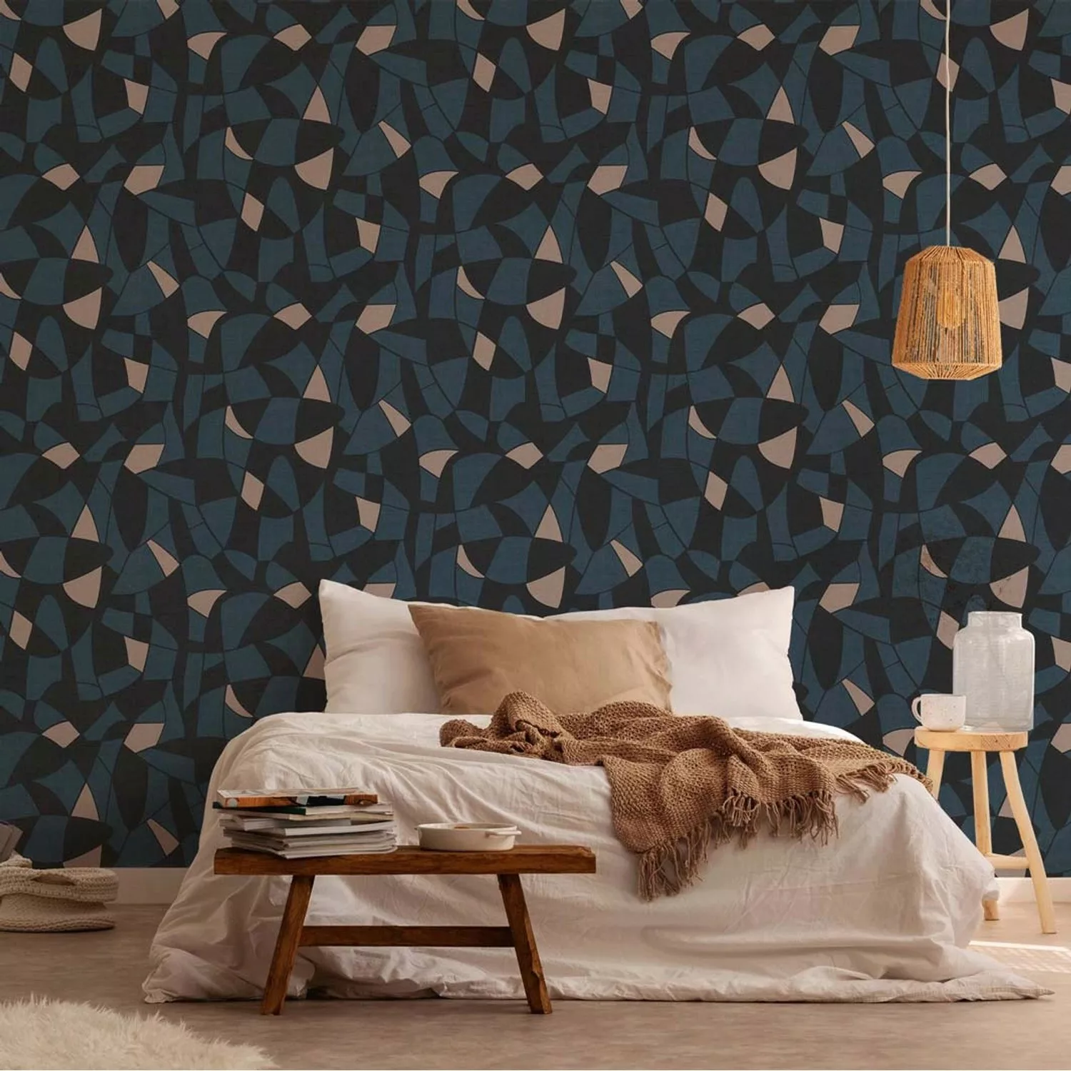 Bricoflor Mid Century Tapete Blau Schwarz Moderne Mustertapete für Schlafzi günstig online kaufen