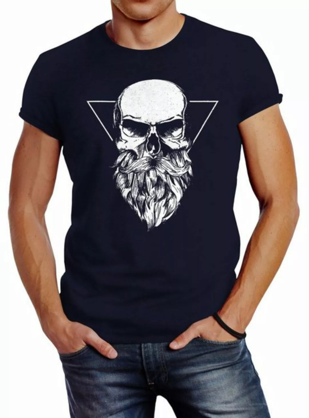 Neverless Print-Shirt Herren T-Shirt Totenkopf mit Bart Triangle Slim Fit m günstig online kaufen