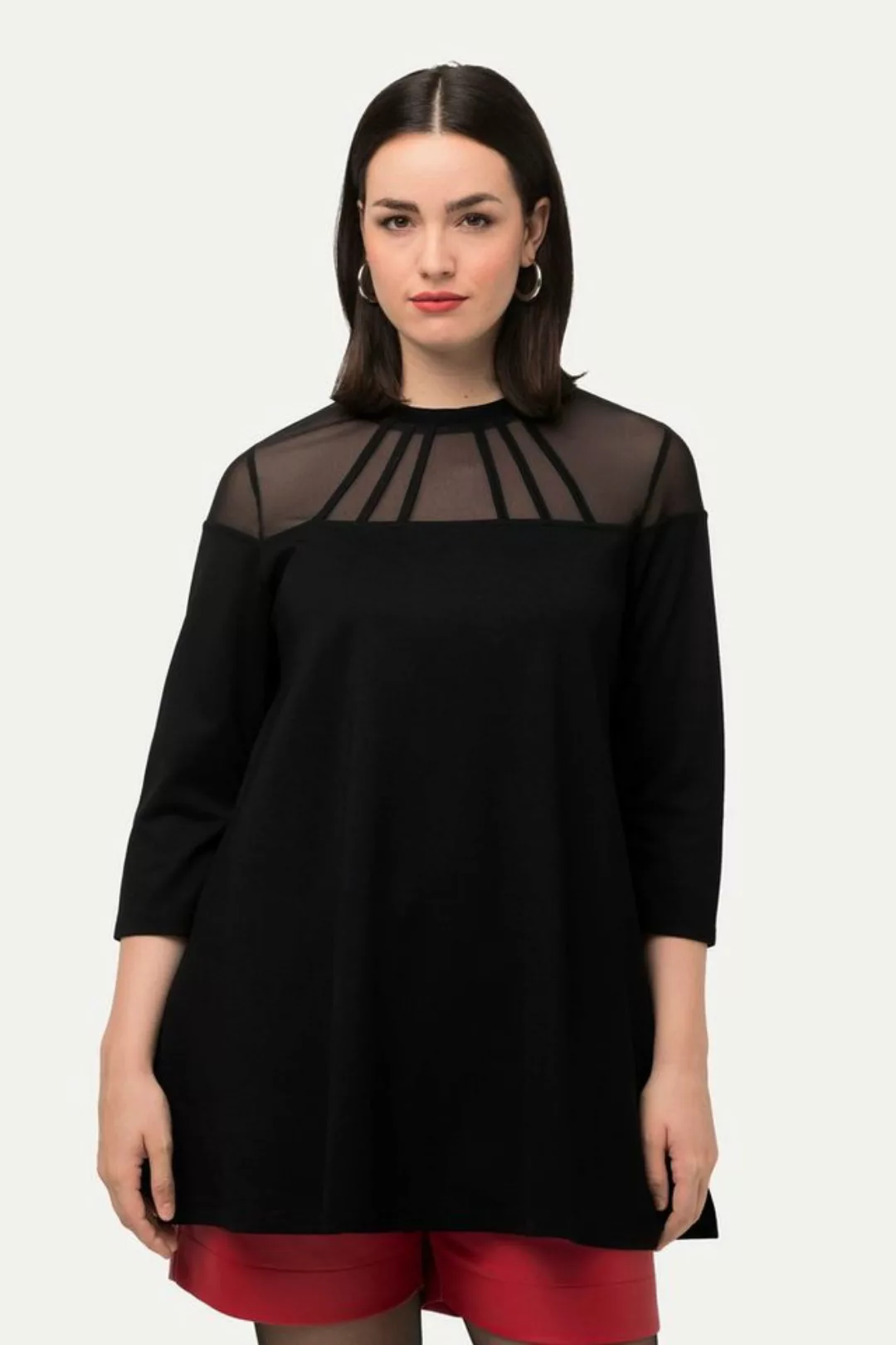 Ulla Popken Longshirt Shirt Zierbänder A-Linie Stehkragen 3/4-Arm günstig online kaufen