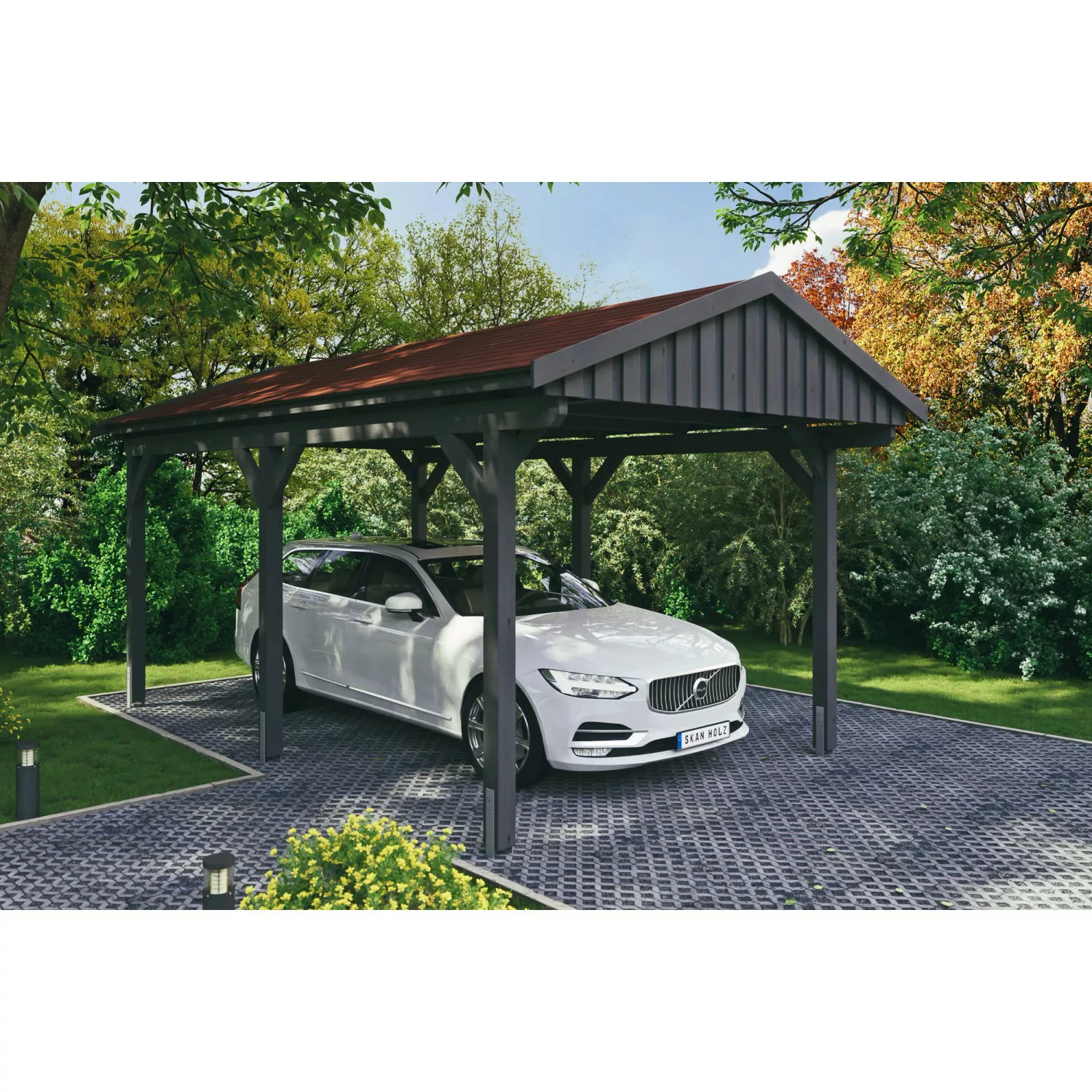 Skan Holz Carport Fichtelberg 317 cm x 566 cm Rote Schindeln Schiefergrau günstig online kaufen