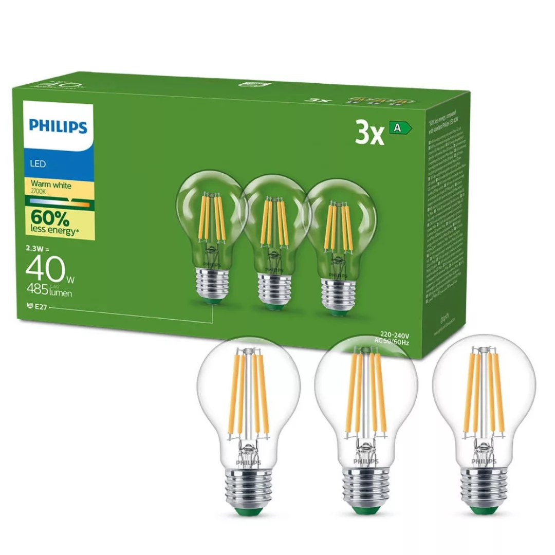 Philips Ultra Efficient LED Filament Lampe E27 Birne - A60 2,3W 806lm 2700K günstig online kaufen