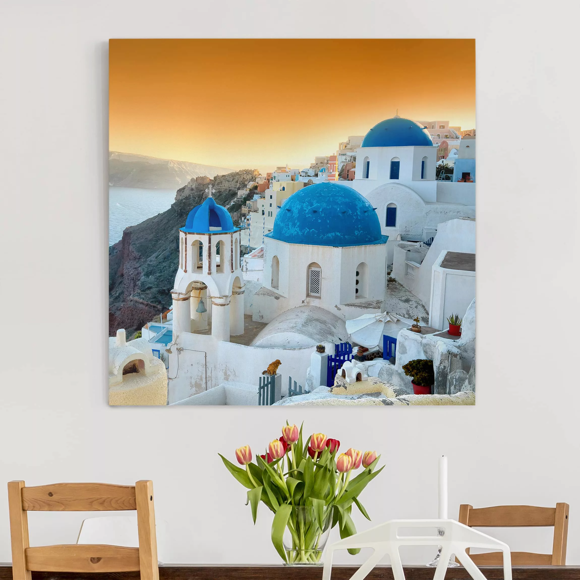 Leinwandbild Architektur & Skyline - Quadrat Sonnenuntergang über Santorin günstig online kaufen