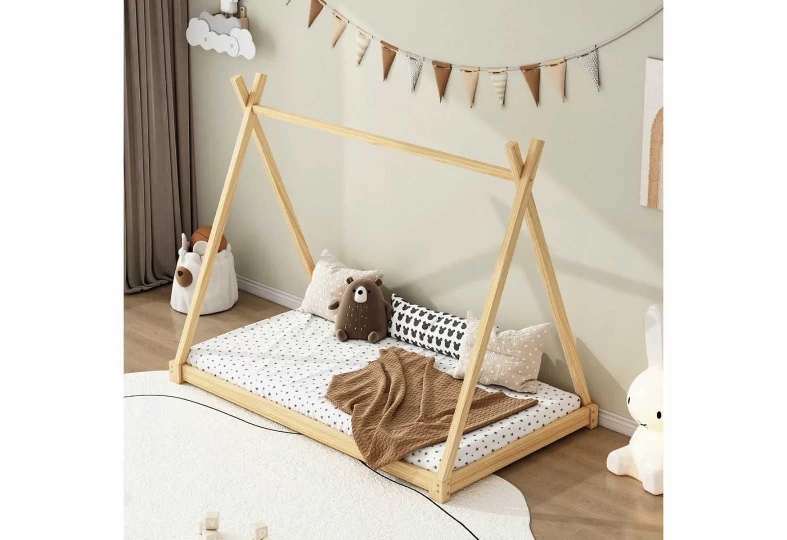 BlingBin Massivholzbett 90*200cm Einzelbett Flachbett Zelt-Modellierbett (1 günstig online kaufen