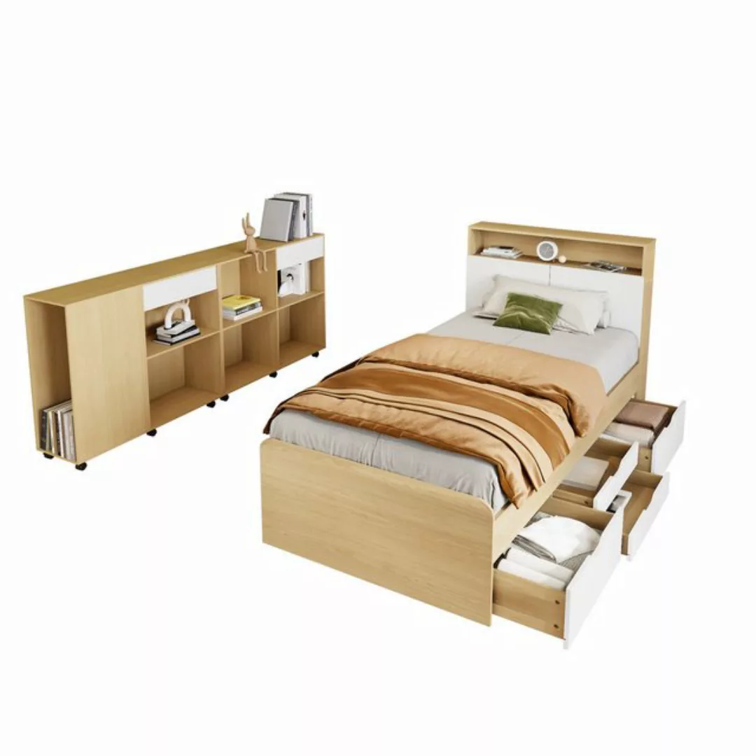 Flieks Kinderbett, Schlafzimmer-Set Einzelbett 90x200cm mit Schrank 222x34x günstig online kaufen