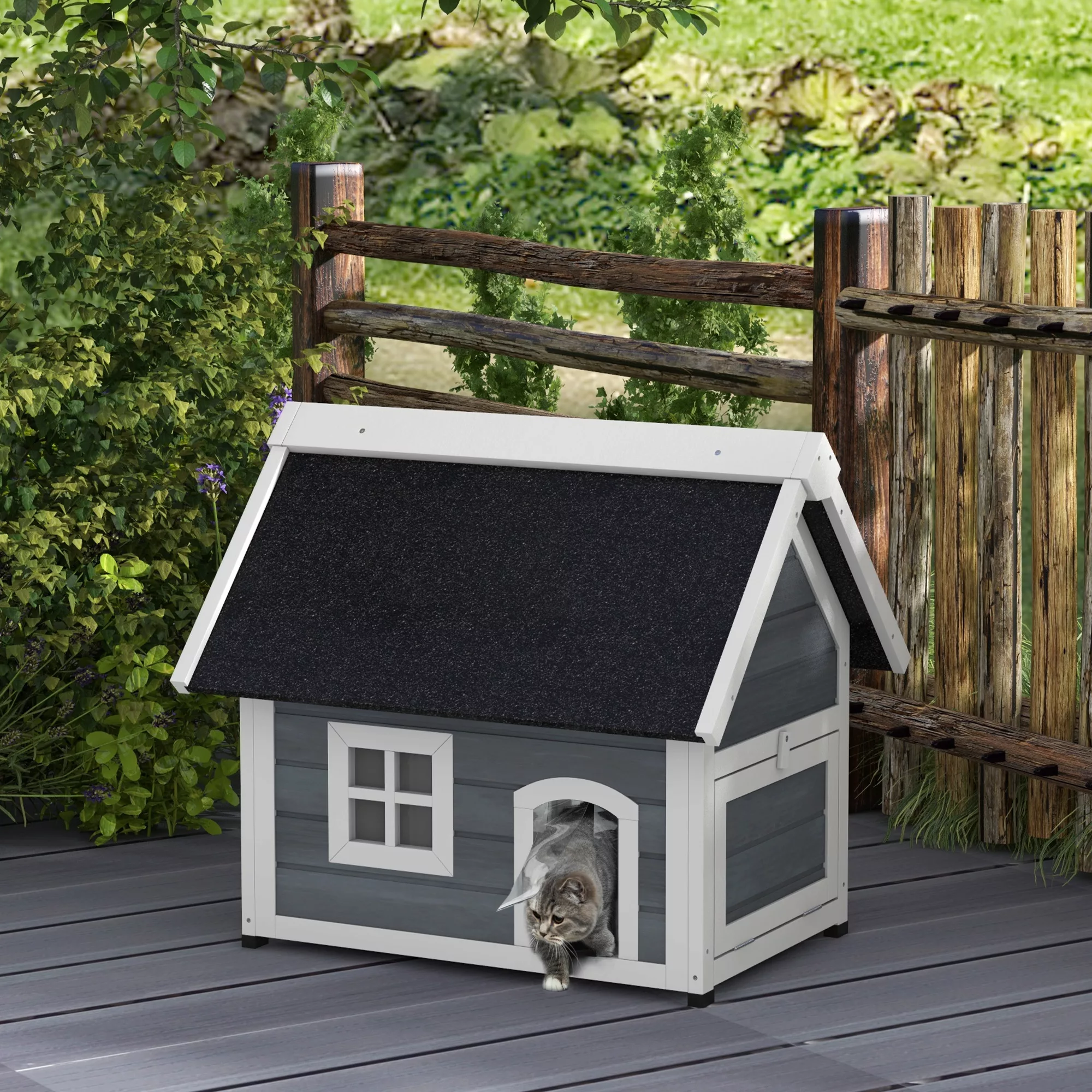 PawHut Katzenhaus Outdoor Katzenhöhle aus Holz, mit Aufklappbar Asphaltdach günstig online kaufen