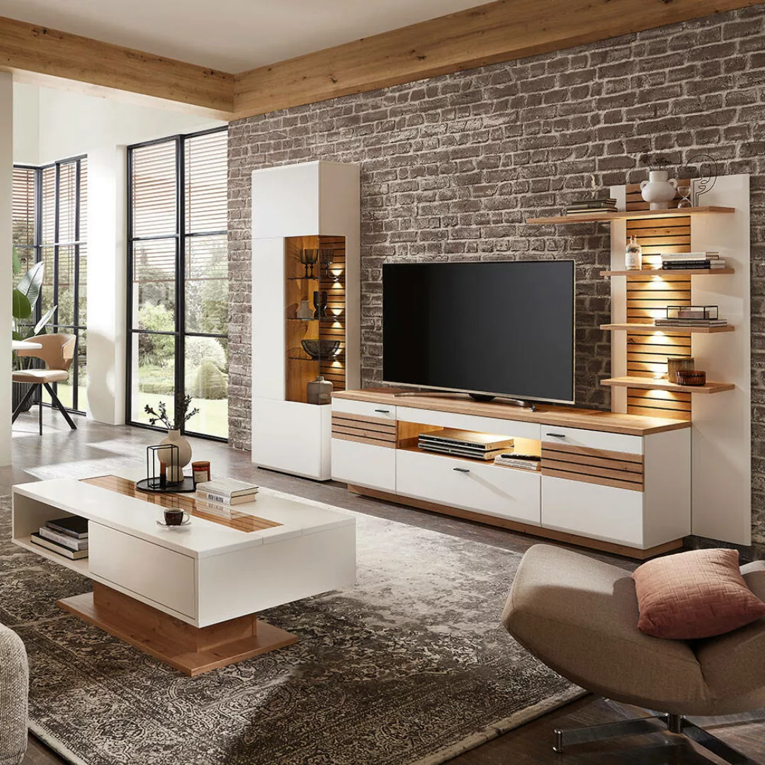 Wohnwand mit Couchtisch, weiß mit Eiche, FALLON-55, modern, 4-teilig günstig online kaufen