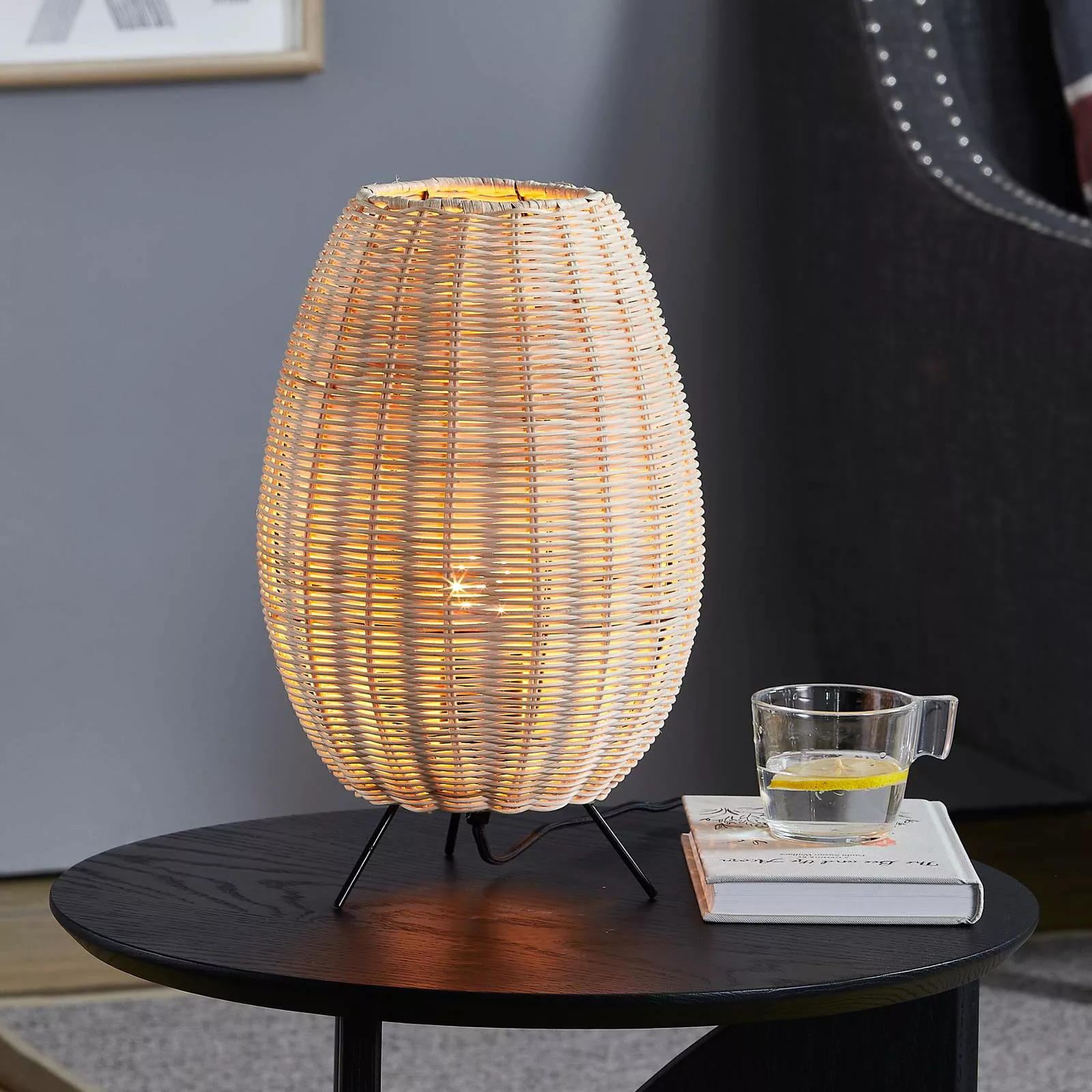 Lindby Tischleuchte Oliana, Rattan, Ø 23 cm, E27 günstig online kaufen