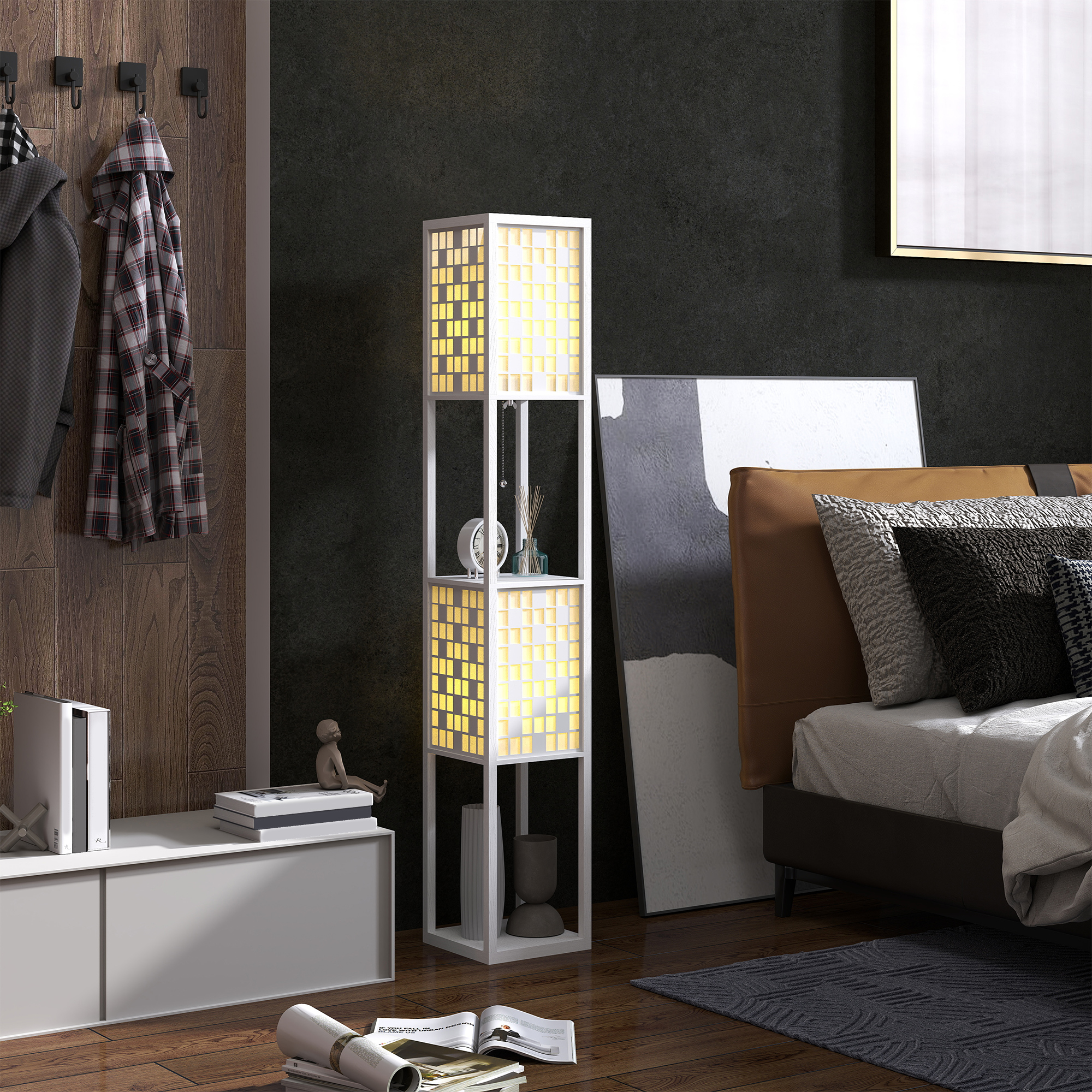 HOMCOM Stehlampe, Stehleuchte mit 2 Fächern, E27 Sockel, Gittermustersäule günstig online kaufen