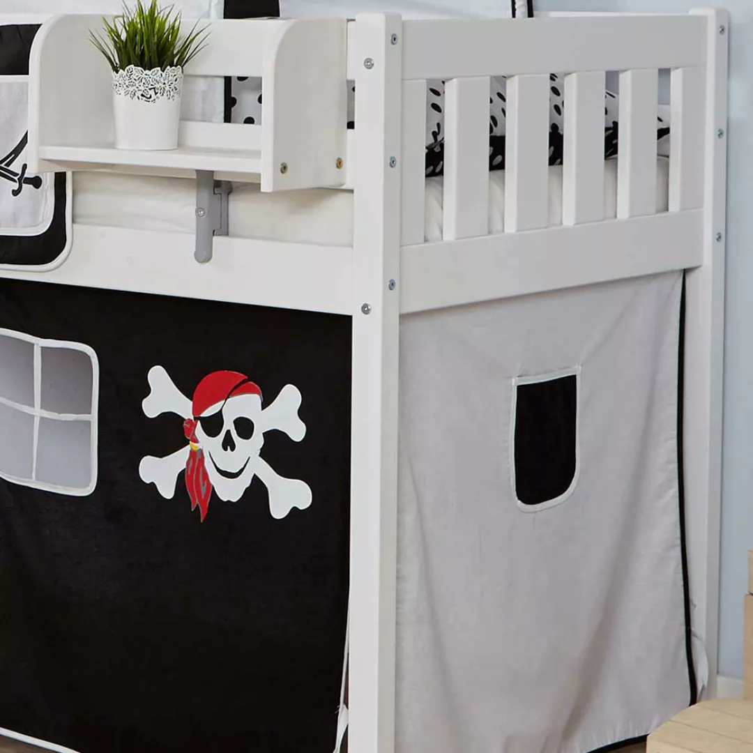 Pirat Spielbett in Weiß Buche massiv Rutsche und Tunnel günstig online kaufen