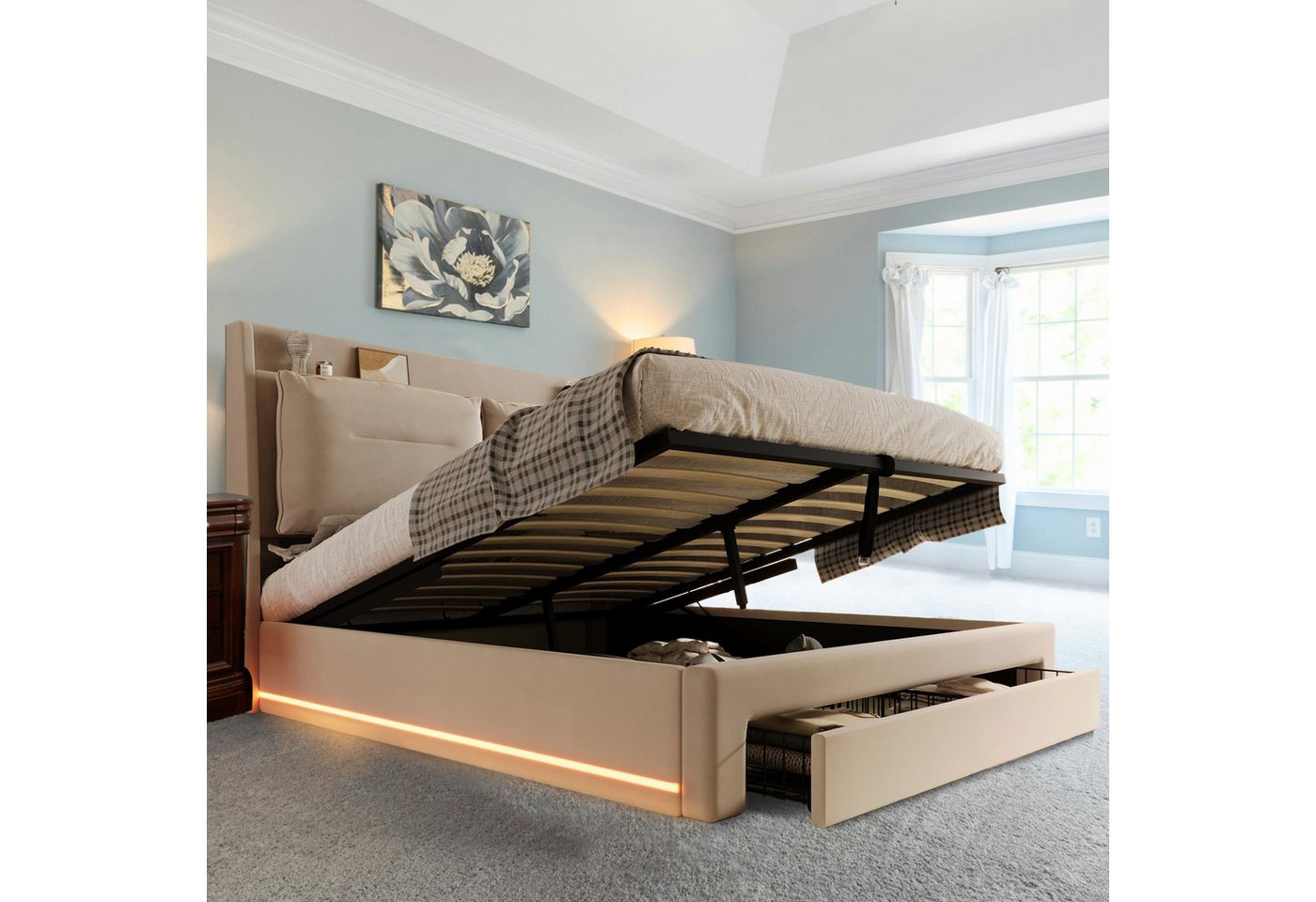 Rosaking Polsterbett LED-Licht-Polsterbett, 160*200, hydraulisches Bett, 2- günstig online kaufen