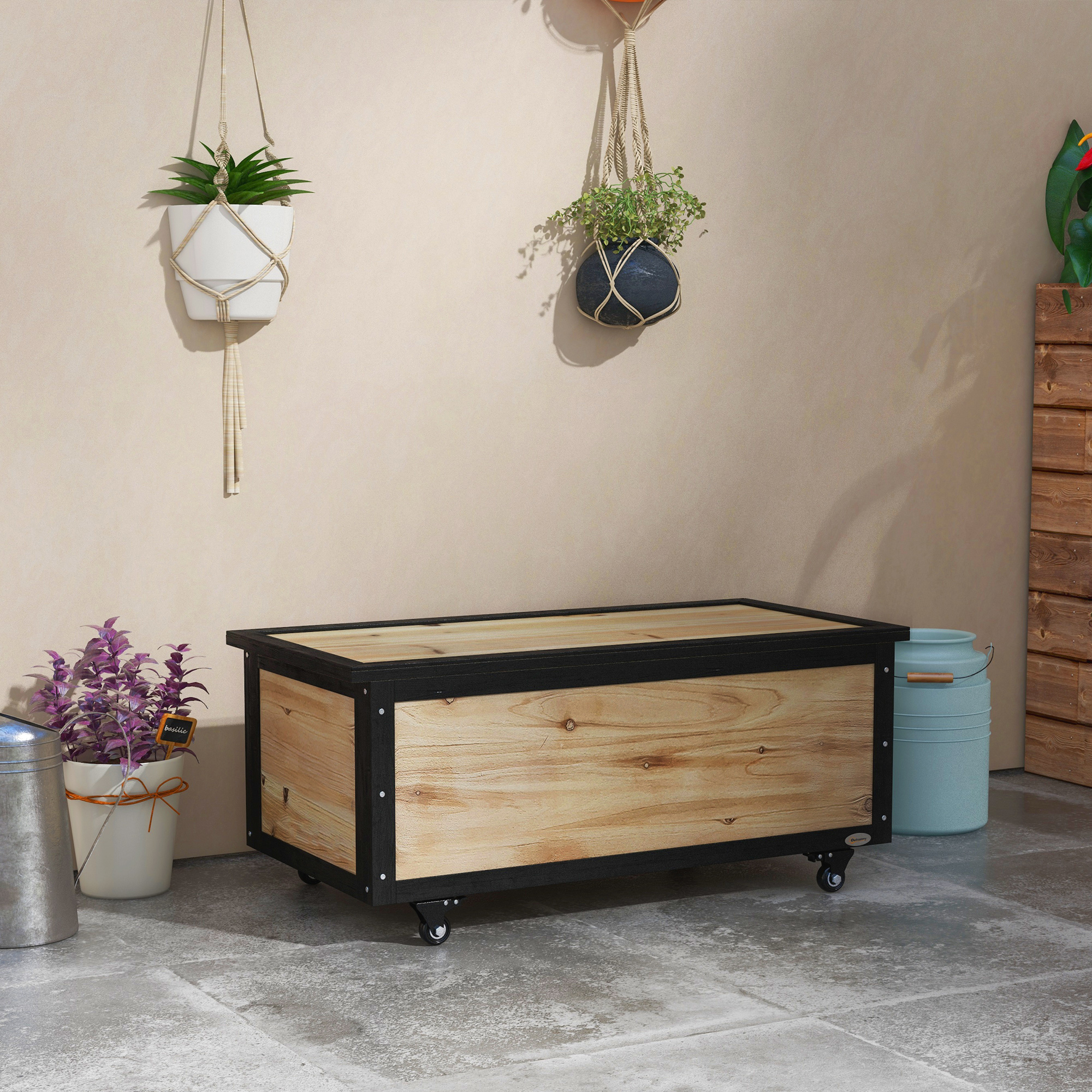 Outsunny Gartenbox Holz Auflagenbox 121L Aufbewahrungsbox mit Rollen, Wette günstig online kaufen