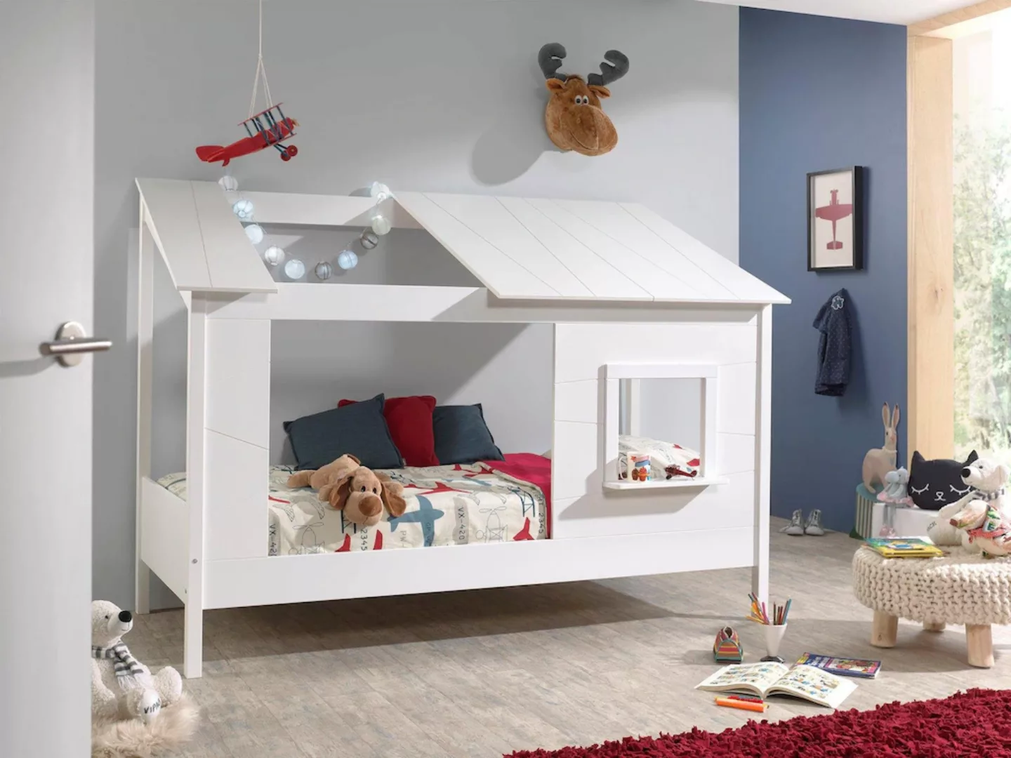 Vipack Kinderbett "Hausbett, aus MDF und Massivholz weiß lackiert, inkl. Fe günstig online kaufen