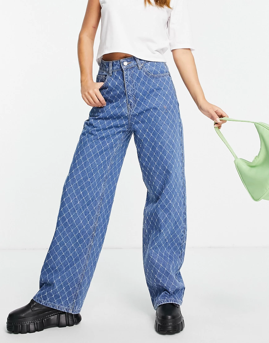Lost Ink – Jeans mit hoher Taille und geradem Bein in Rautenstruktur-Blau günstig online kaufen