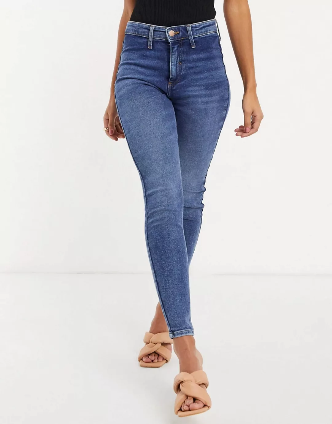 River Island – Kaia – Enge Jeans mit hohem Bund in Mittelblau günstig online kaufen
