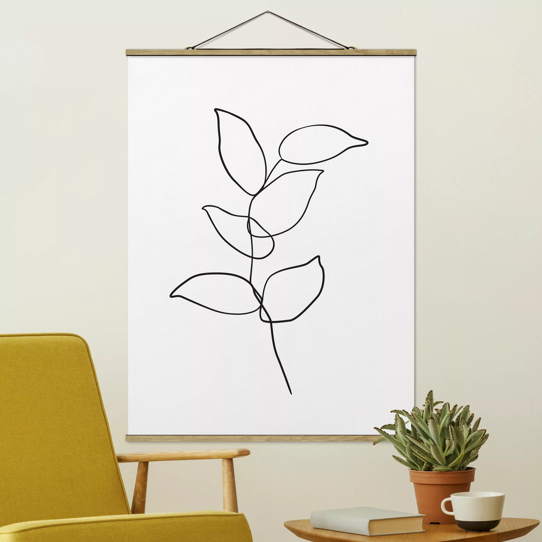Stoffbild Blumen mit Posterleisten - Hochformat Line Art Zweig Schwarz Weiß günstig online kaufen