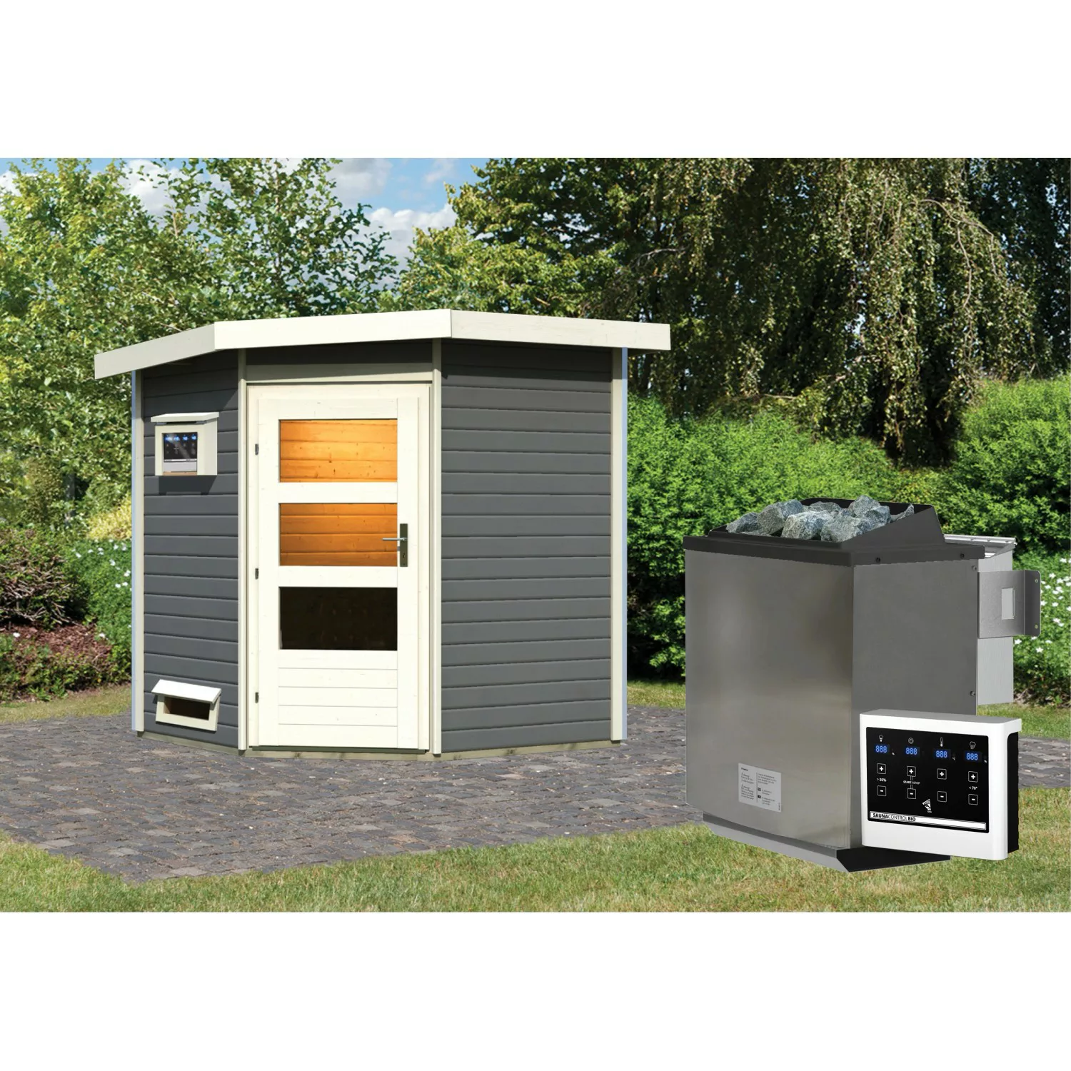 Karibu Saunahaus Storven mit Bio-Ofen 9kW und externe Steuerung Easy günstig online kaufen